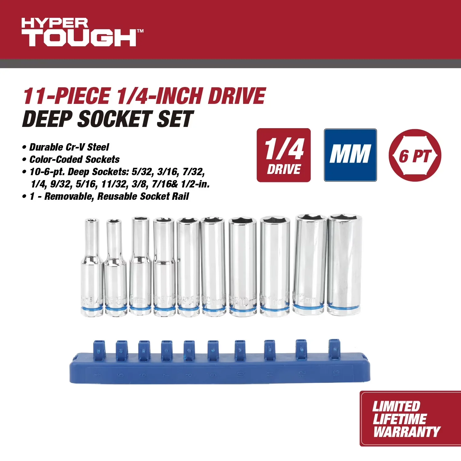 Sleek Hand Tool Set with 11-Piece 1/4-in mm, Deep Drive Socket - Steel Model C64209