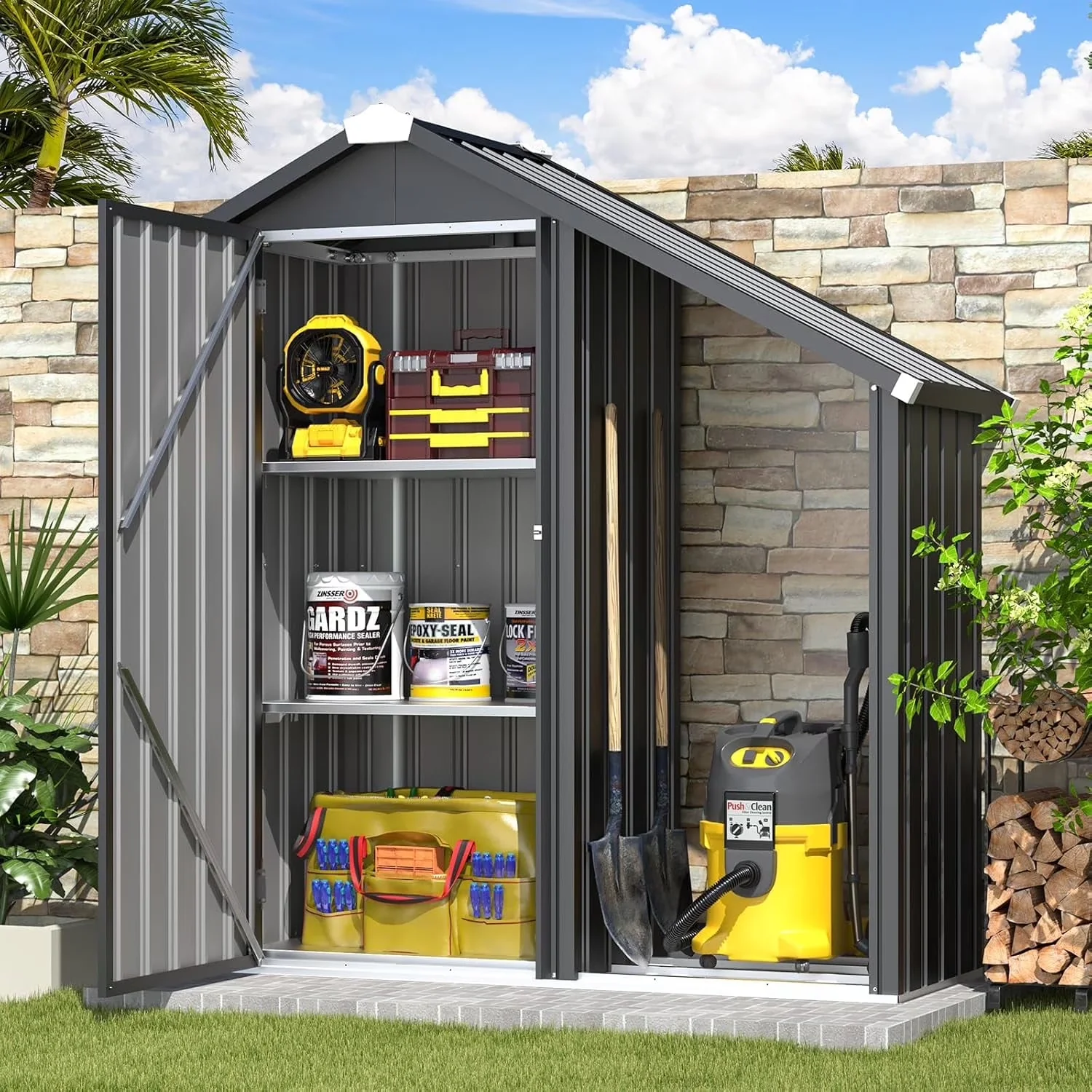 Quality Shed with Water-Resistant, Outdoor Storage Cabinet, Metal Storage Organizer - Dark Gray Metal for Garden, Patio Model 2C9FF7