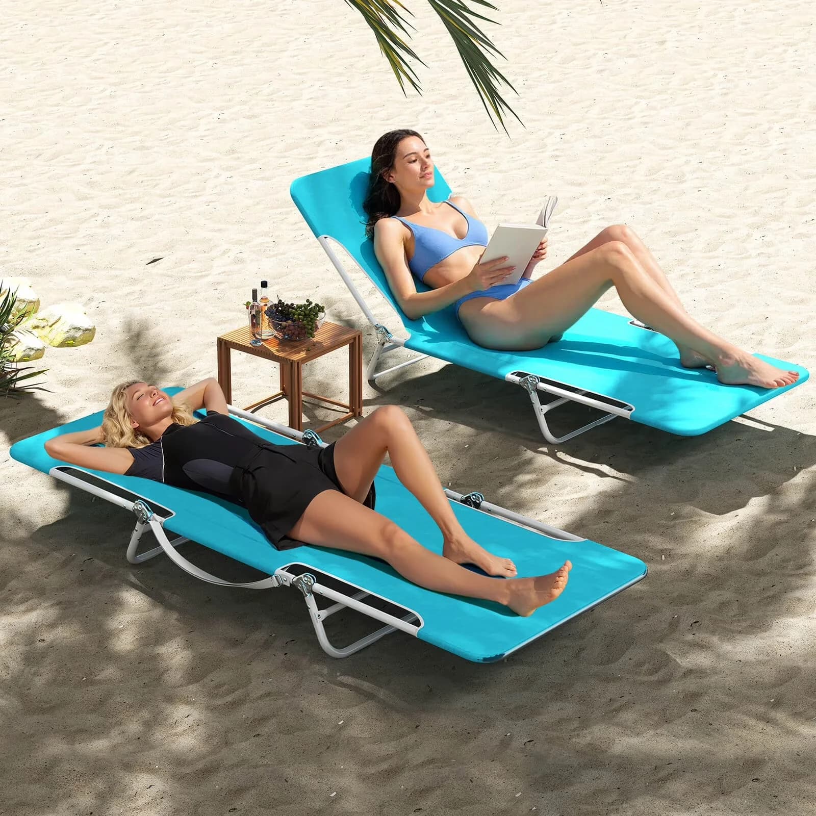 Stylish Beach Chair with Adjustable Backrest, Reclining, 2 PCS Outdoor Folding Chaise Lounge for Patio - Model DE49BF