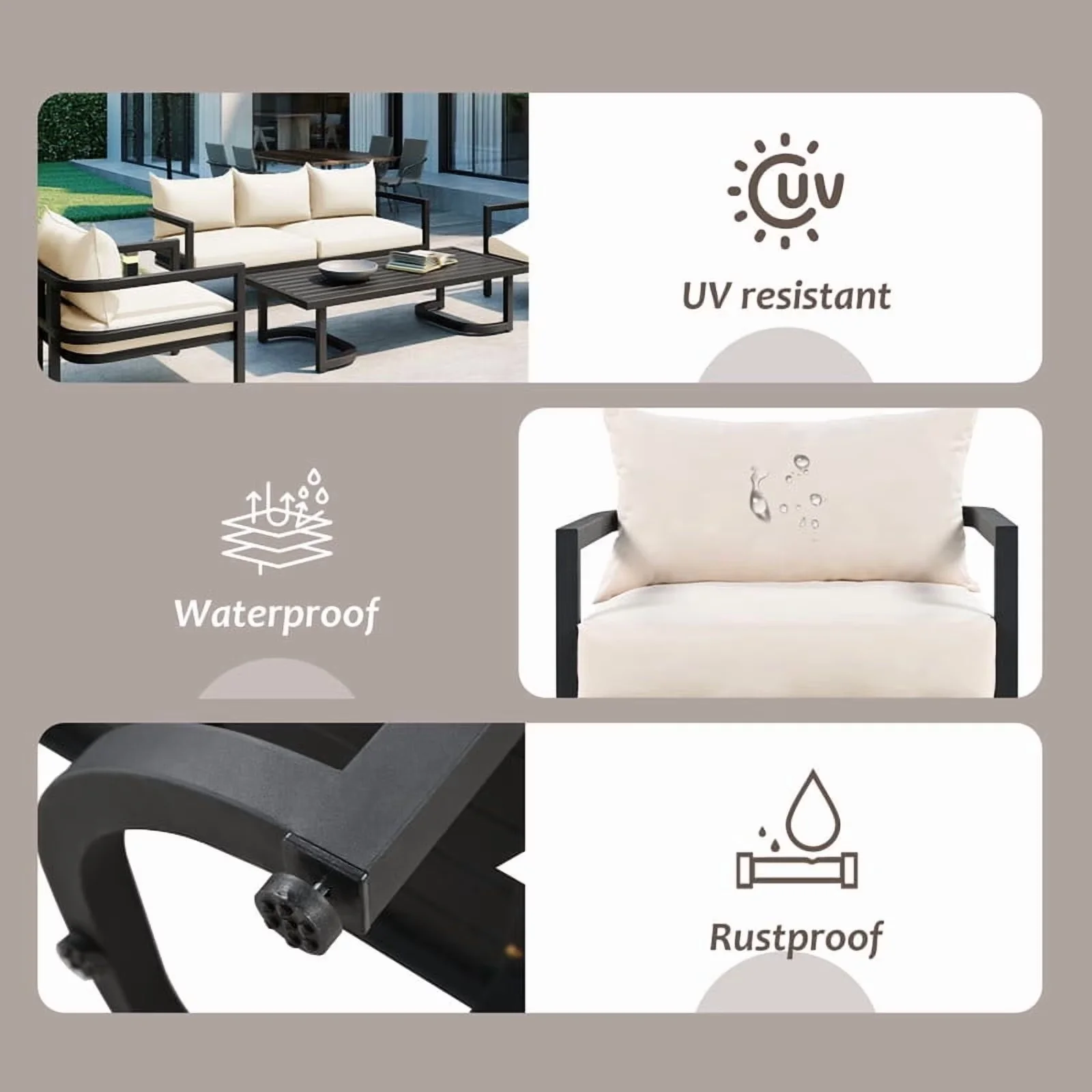 Stylish Patio Conversation Set with Coffee Table, Furniture, Cushions - Beige Steel for Garden Model FCCACE