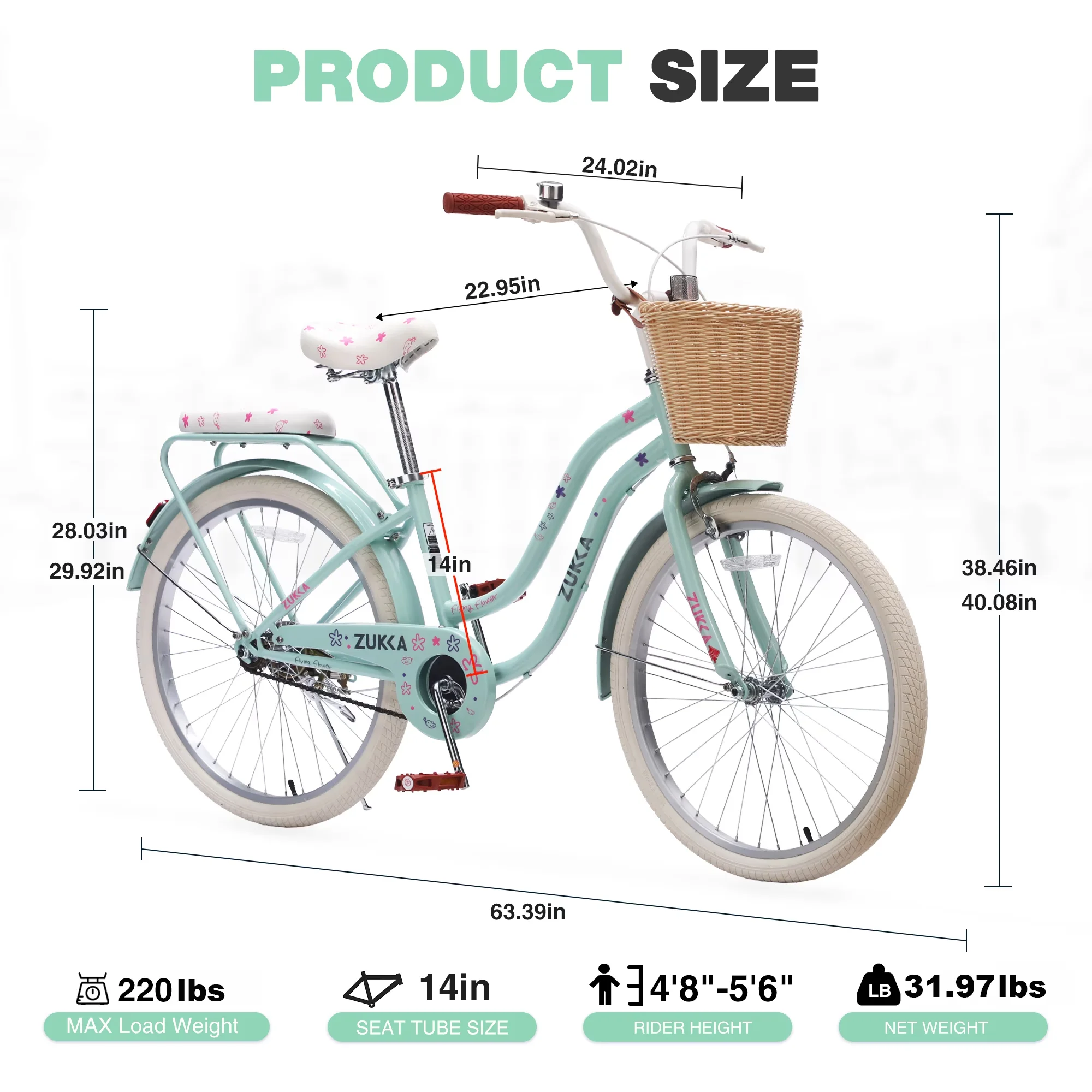 Kids Bike Modern with Adjustable Seat Height, 24" Cruiser Bikes - Green Model A5525D