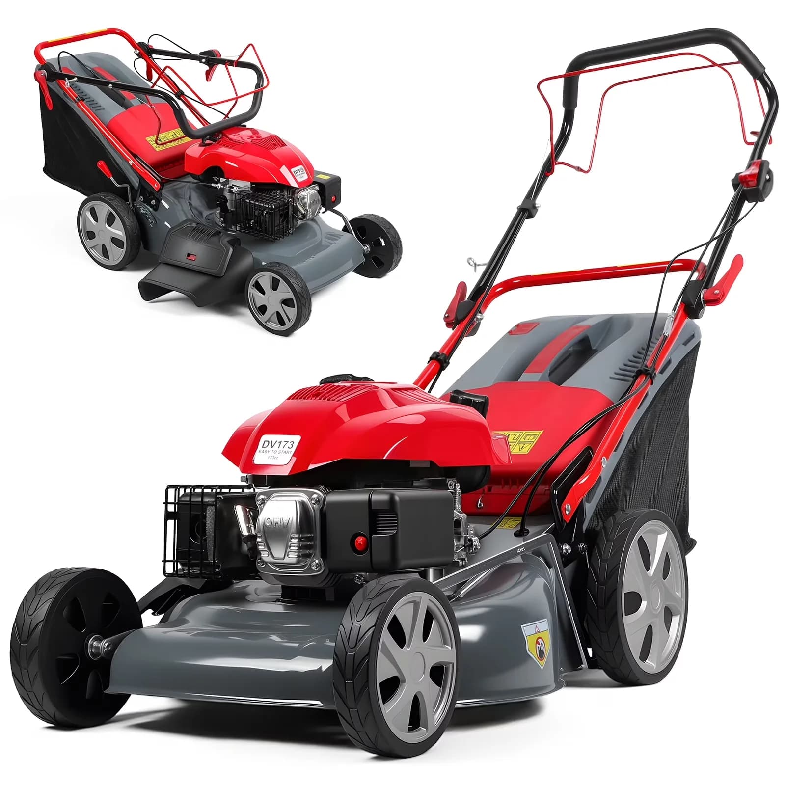 Essential Push Mower with Adjustable Cutting Height, 60L Grass Tank, 20-Inch Self-Propelled Lawn - Red for Patio Model C64366