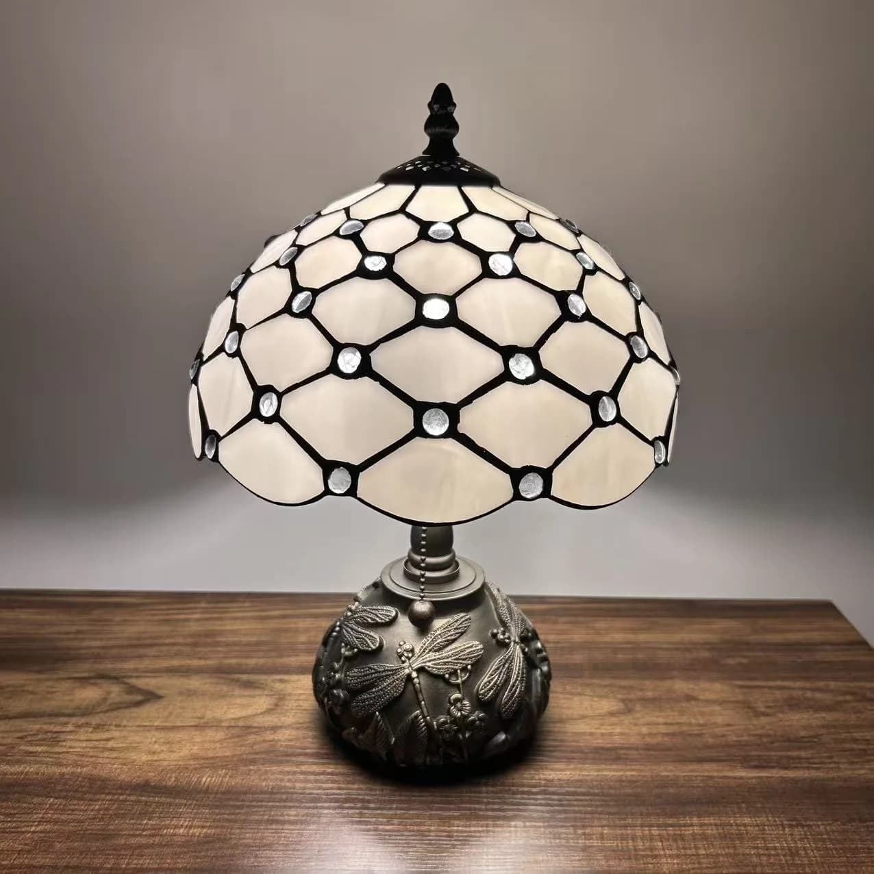 Modern Table Lamp with LED, Modern, Stained Glass Shade - Resin White Tiffany Model 9A1E01