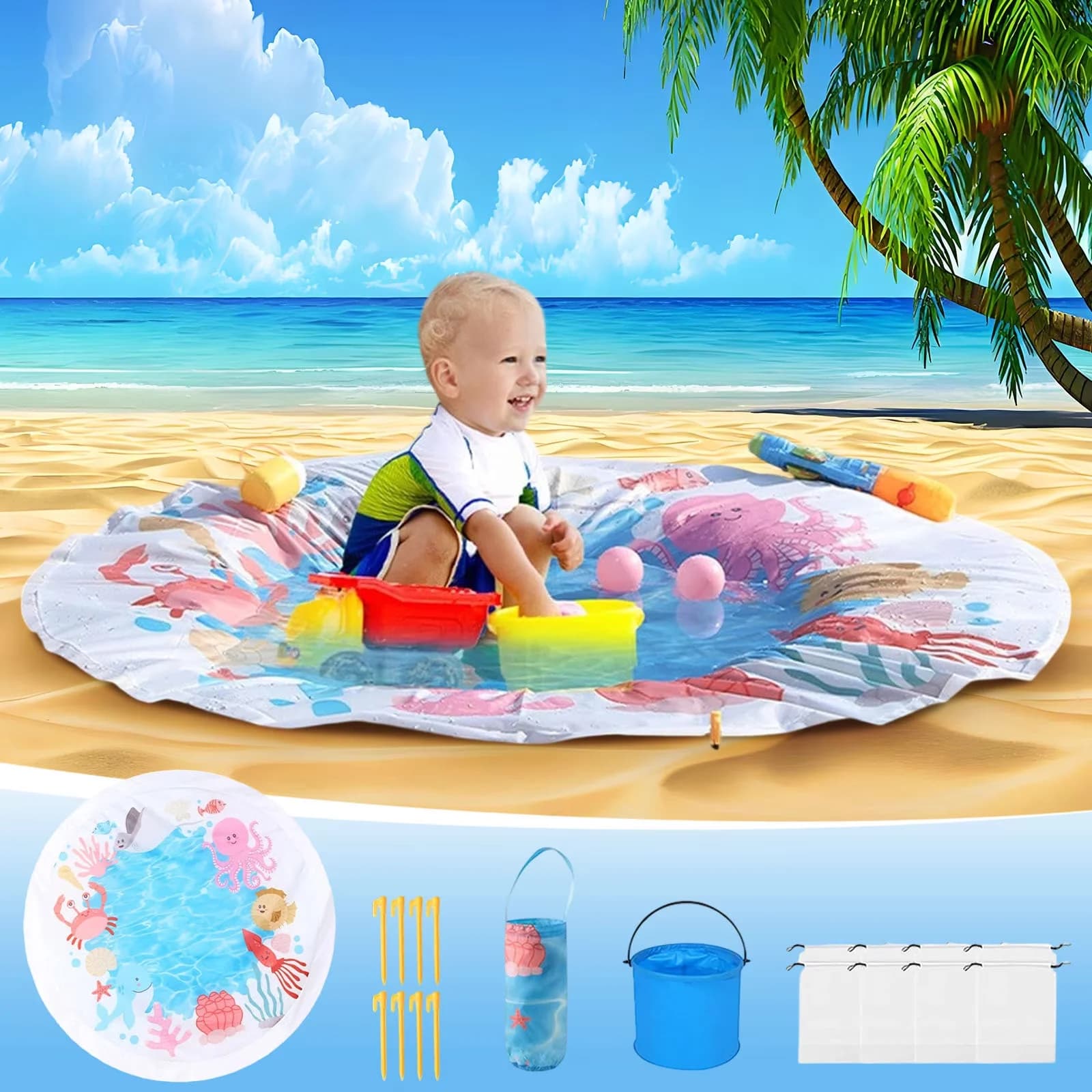 Premium Inflatable Pool with 55" Splash Pad Water Play Mat, Uxgjfwu Foldable Baby Paddling - Color Model 5B981B