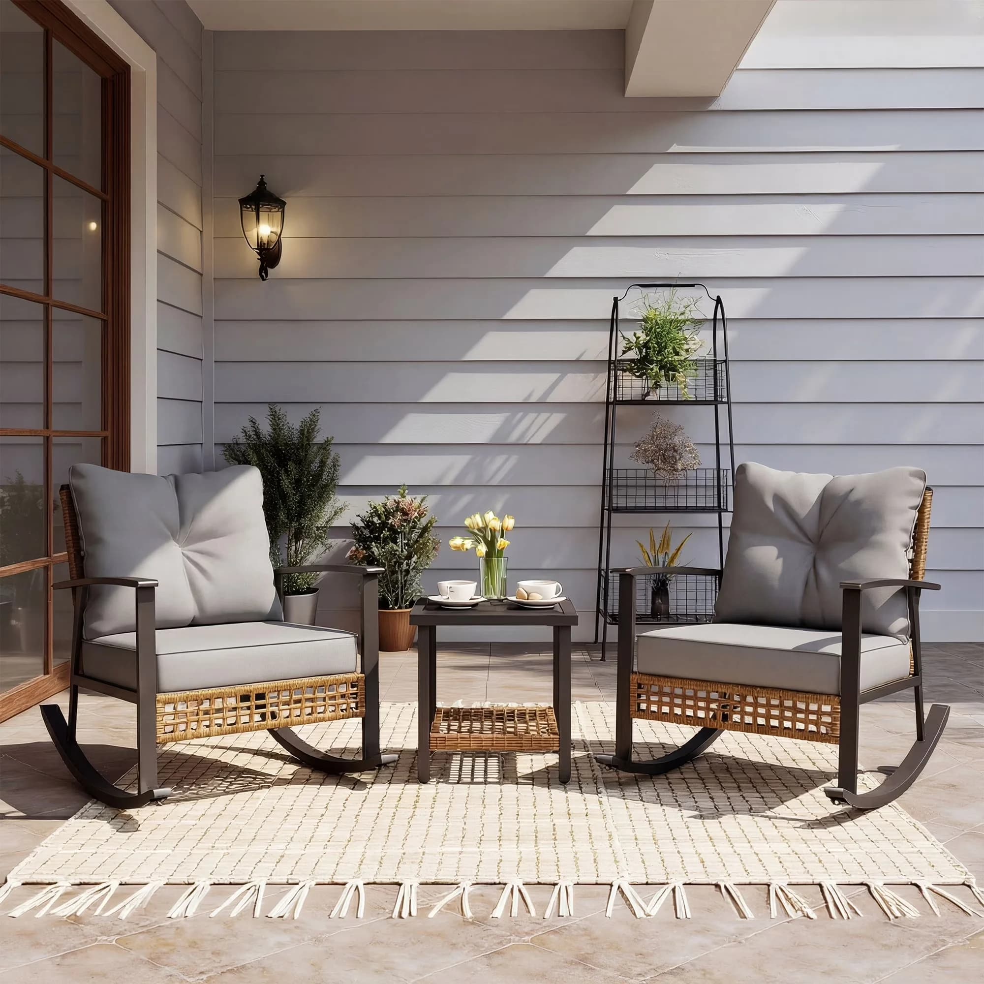 Stylish Patio Conversation Set with Gray Cushions, 3 Pieces Outdoor, PE Wicker Rocking Chairs - Gray Wicker, Steel Model 6643A0