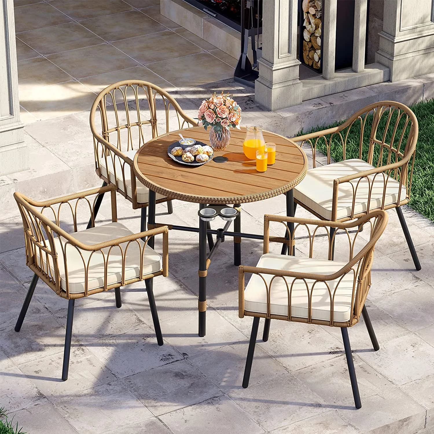 Professional Patio Dining Set with Industrial, Farmhouse - Pe Rattan, Steel Frame Model 2E4804