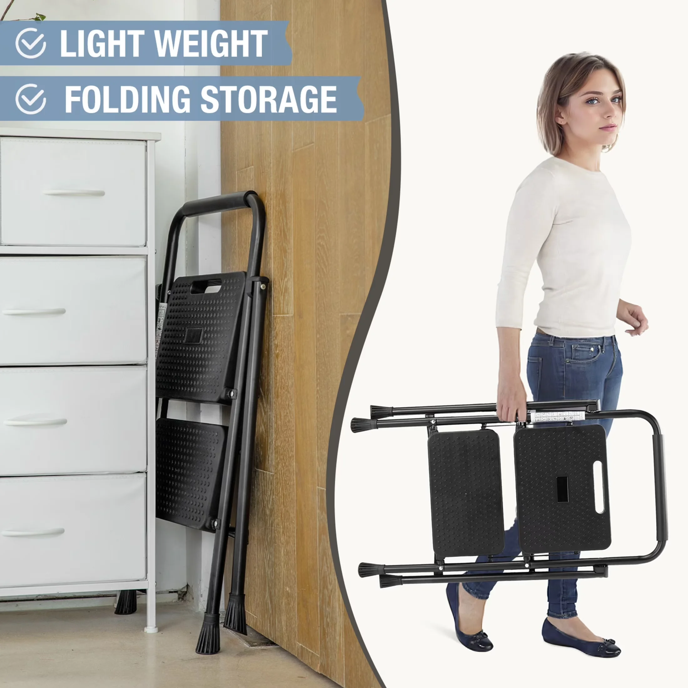 Ladders And Step Stool Stylish with Lightweight 800Lbs Capacity, Portable Folding Heavy Duty - Metal 2 Step for Kitchen, Garage Model B677F5