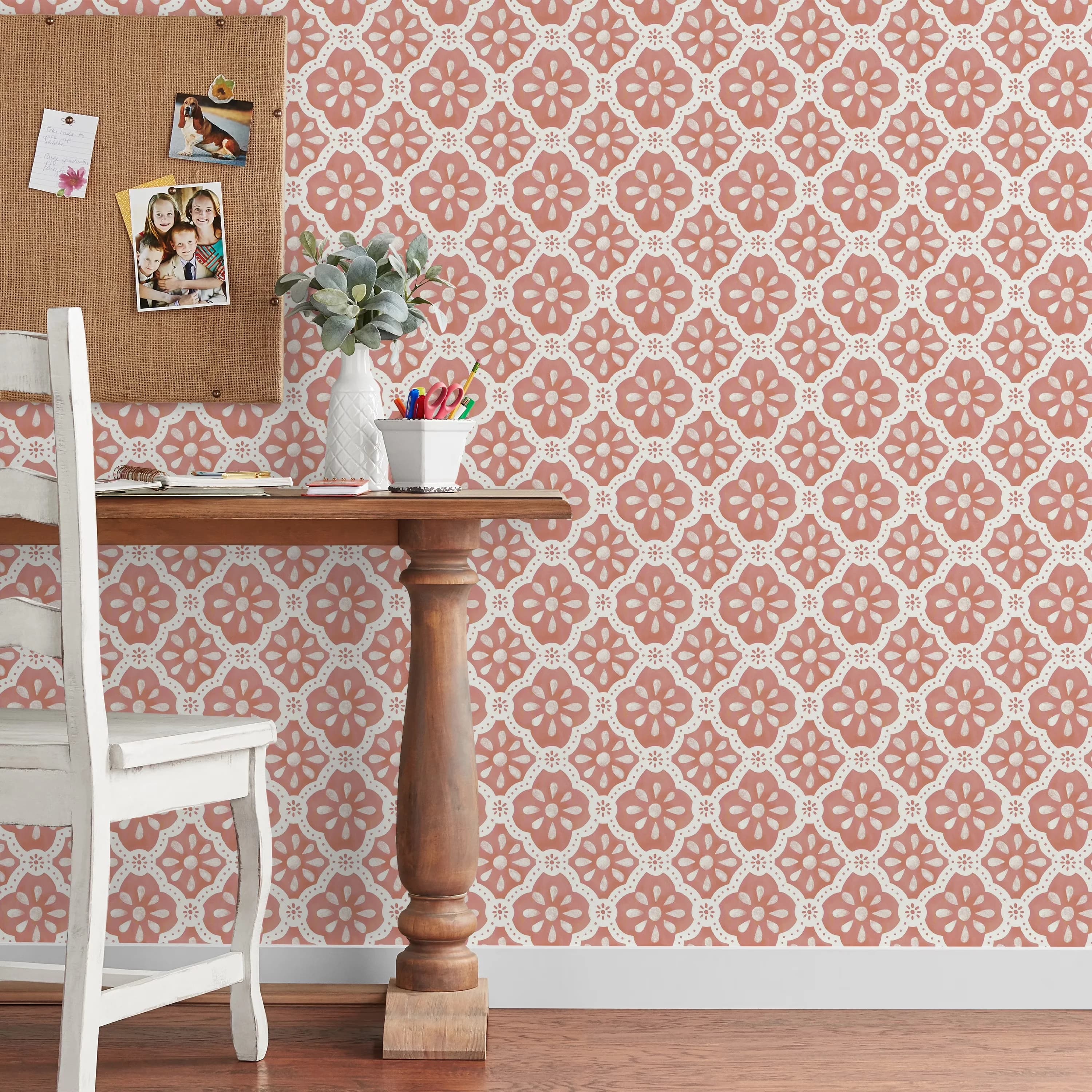 Sleek Wallpaper Wall Decals Wall Covering with Removable, 18" x 18.86', Pink Salmon Washy Trellis Peel and Stick - Pink Vinyl Model 2A6961