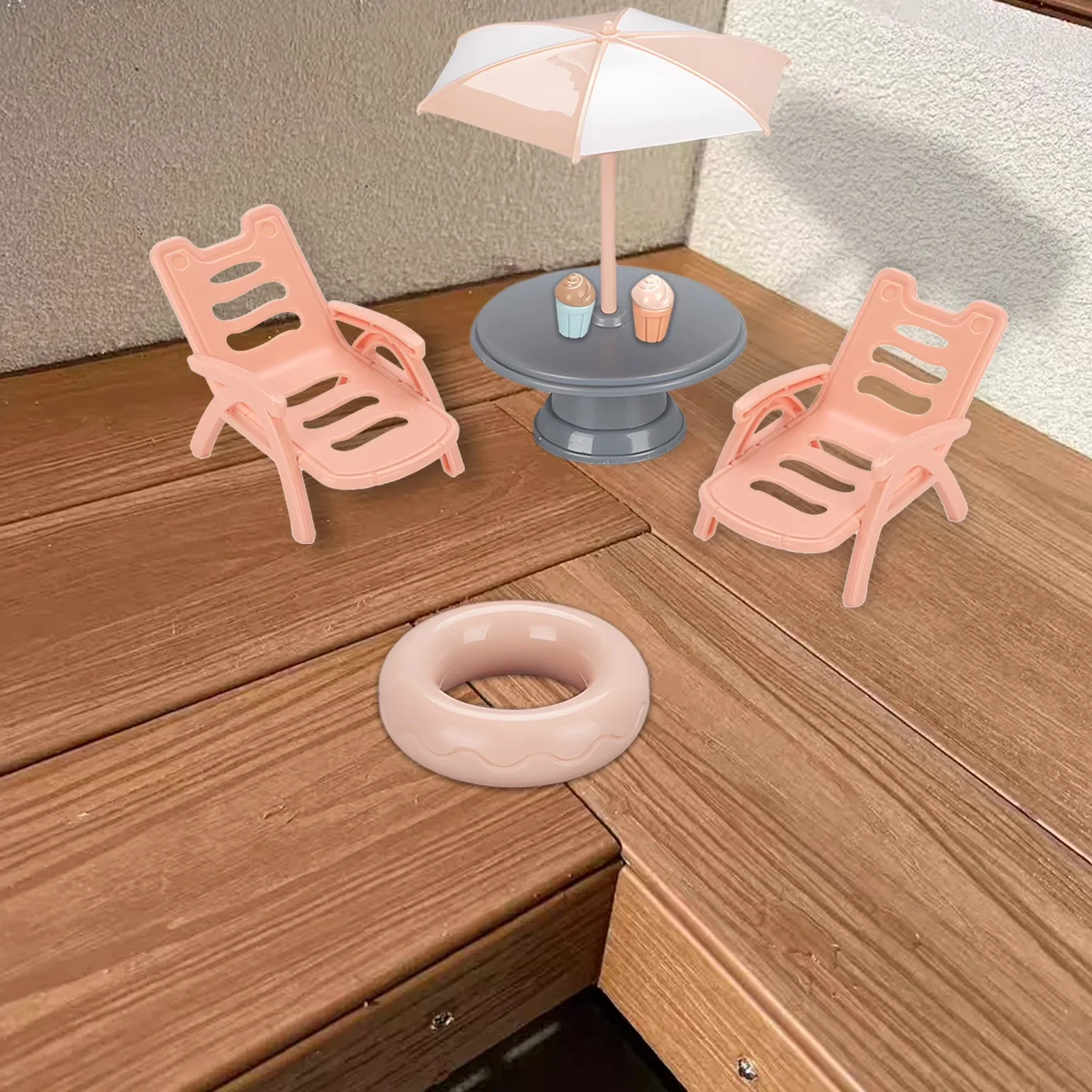 Sleek Beach Chair with Swimming Ring, Miniature Scene Set, and Ice Creams - Beige Model 1A9248