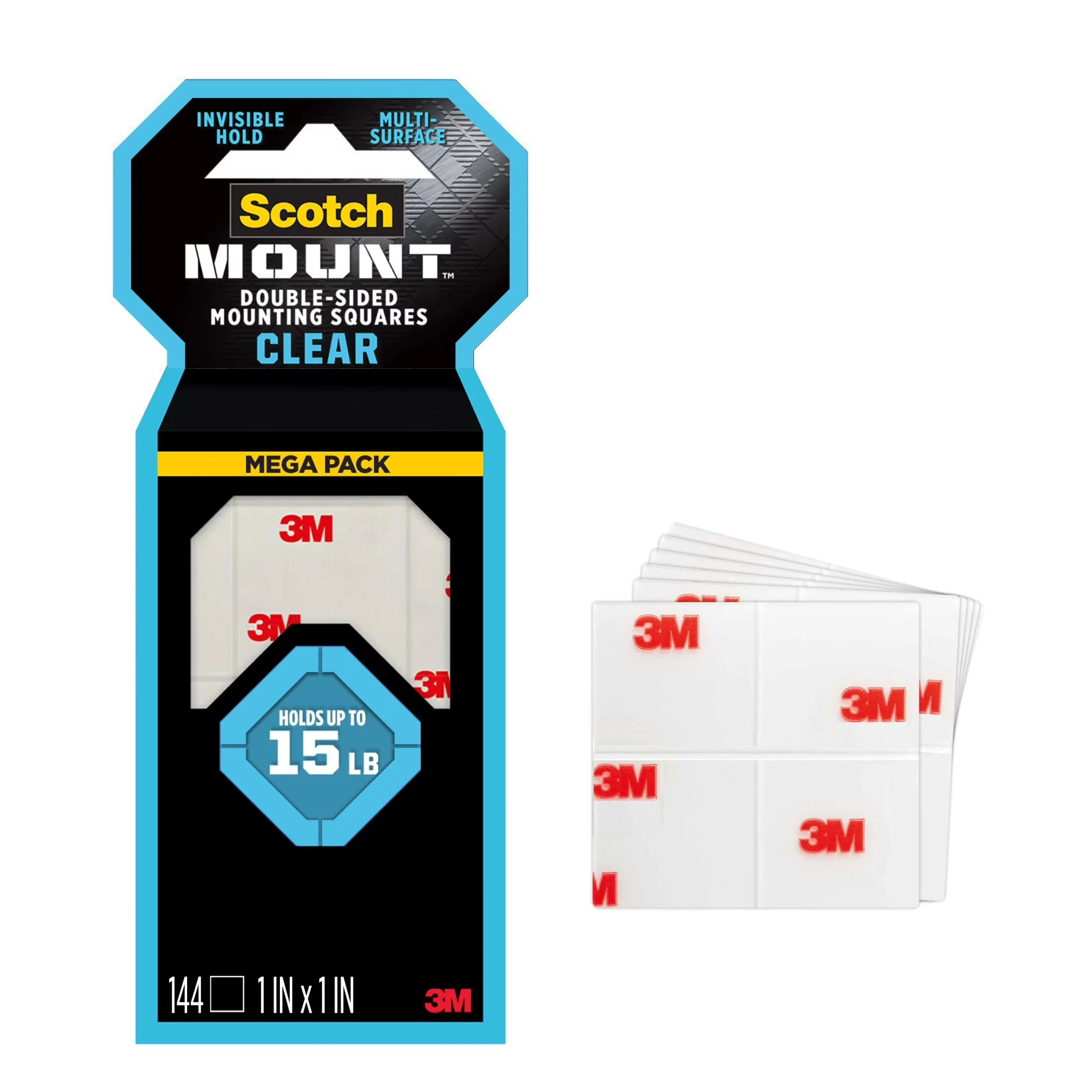Damage-Free Hanging Compact with Mount Double Sided Mounting Tape Squares, 1 x 1 in, 144 Pack - Clear Plastic Model E05718