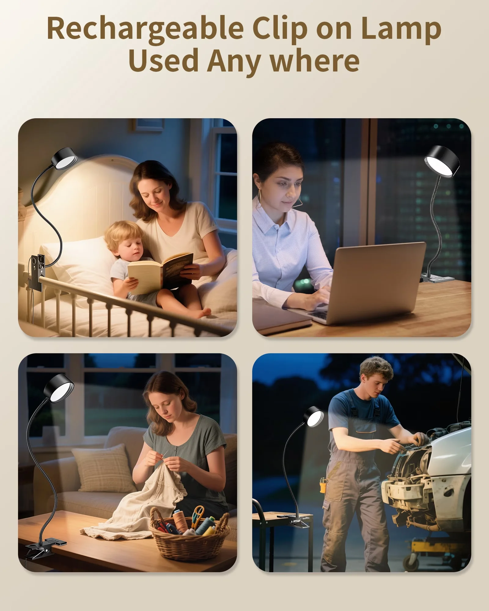 Versatile Desk Lamp with LED, Clip-On Lamps, Clip-On - Plastic+Metal Black Model 5674EF