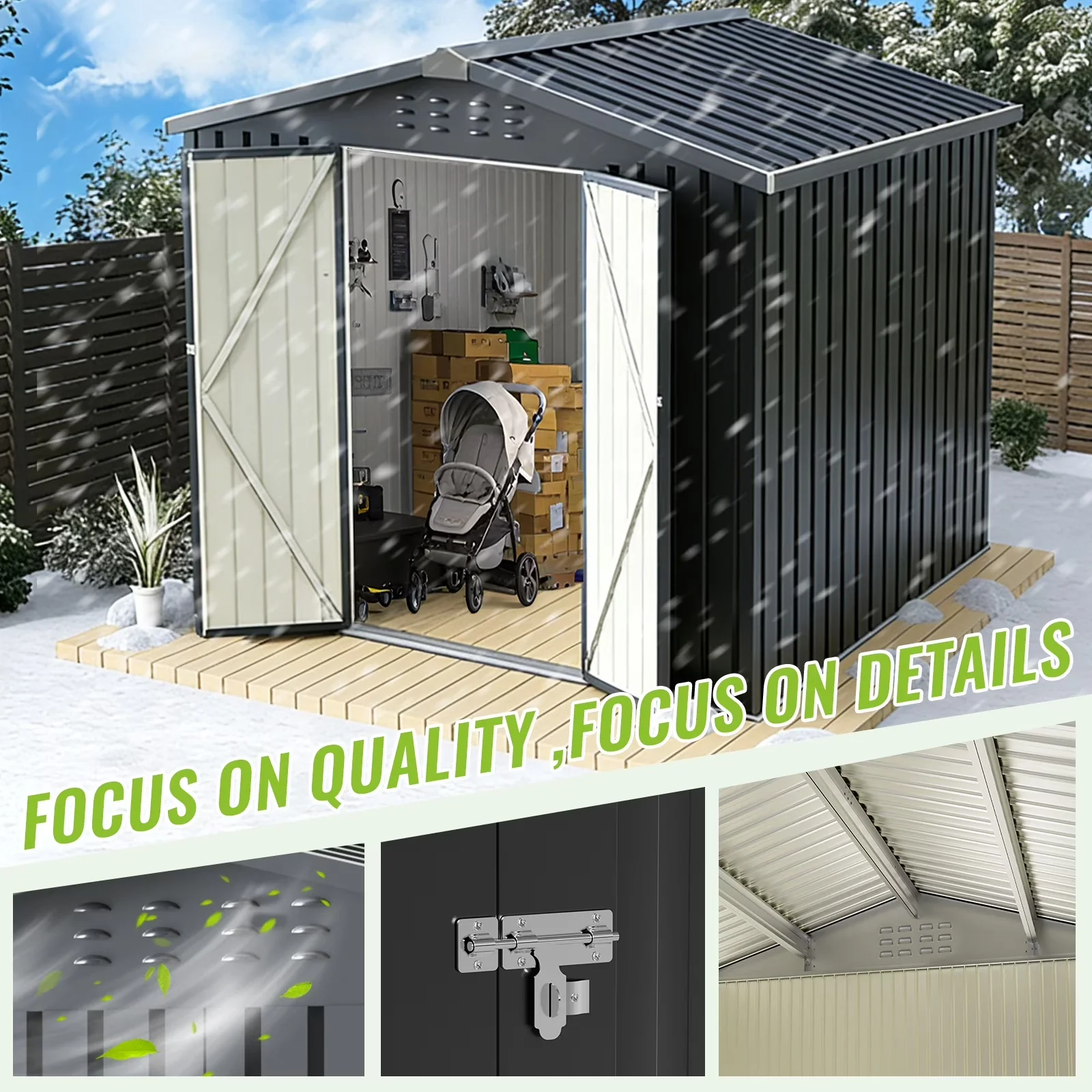 Innovative Shed with Uv Resistant, Lockable Door, 8 x 8 ft Metal Outdoor Storage - Black Metal Model 8FC672
