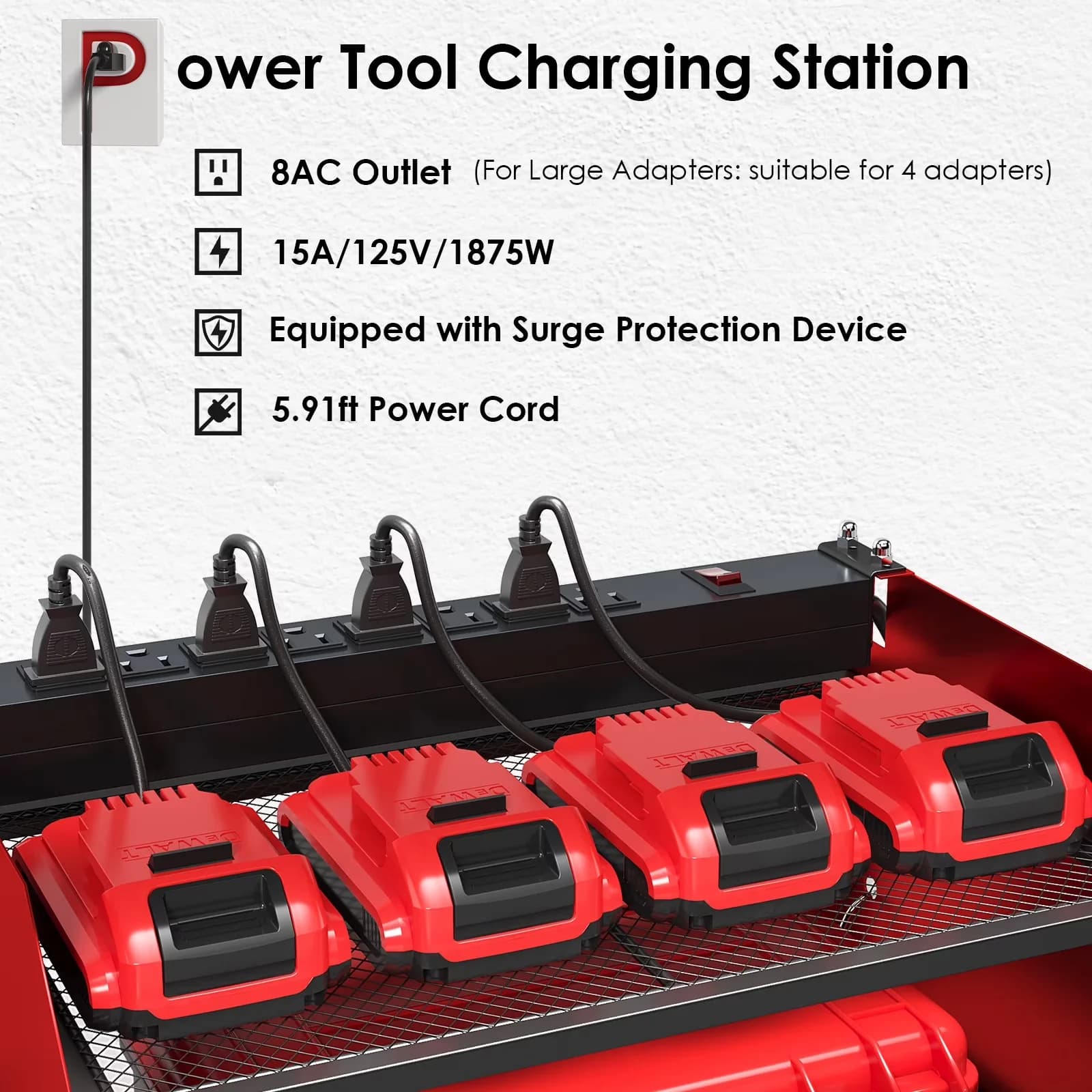 Efficient Garage Storage Supply with Storage, Charging Station - Metal Red Model FB6311