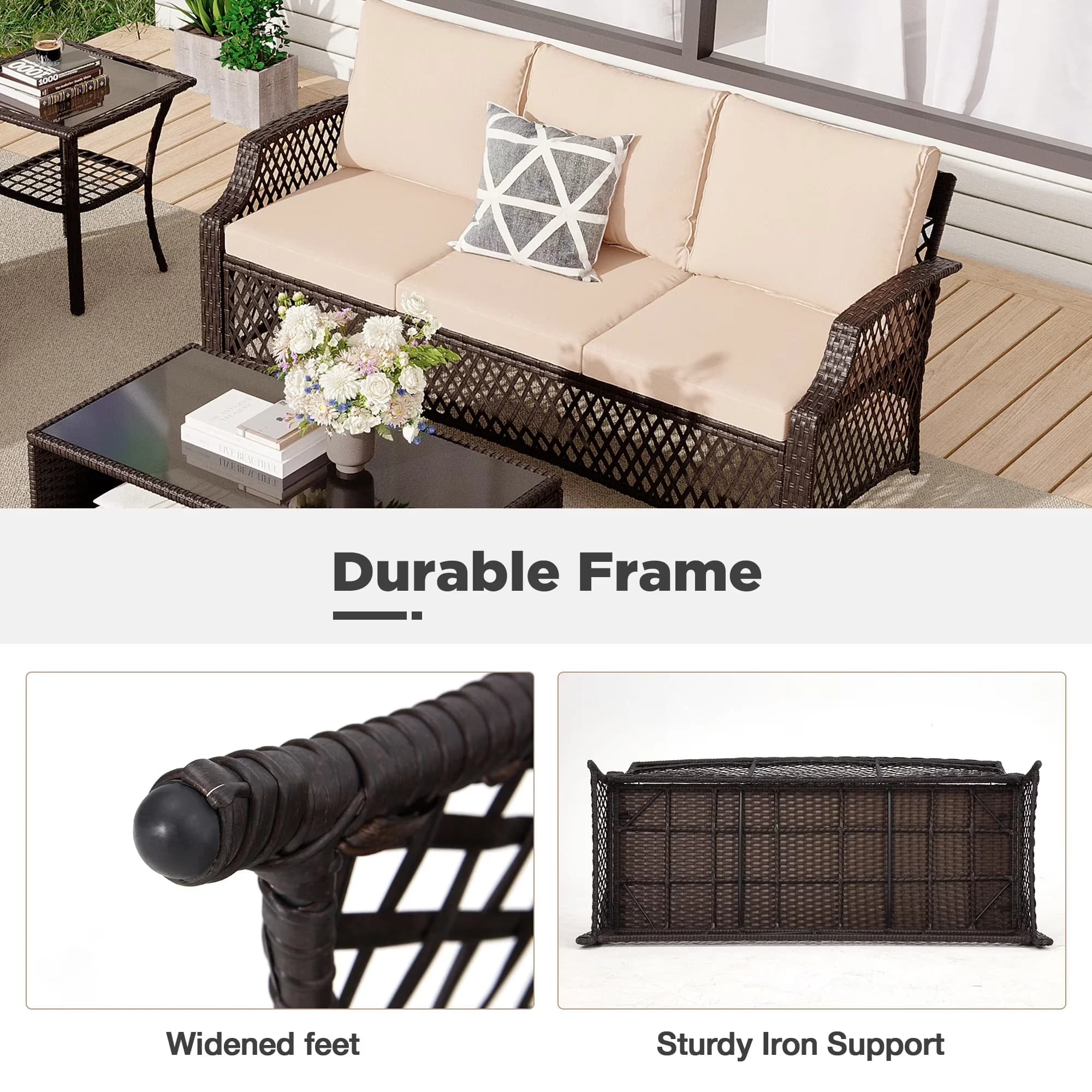 Compact Outdoor Sofas Sectional with Modern, All-Weather Patio Couch - Beige Wicker, Rattan Model A0E76D