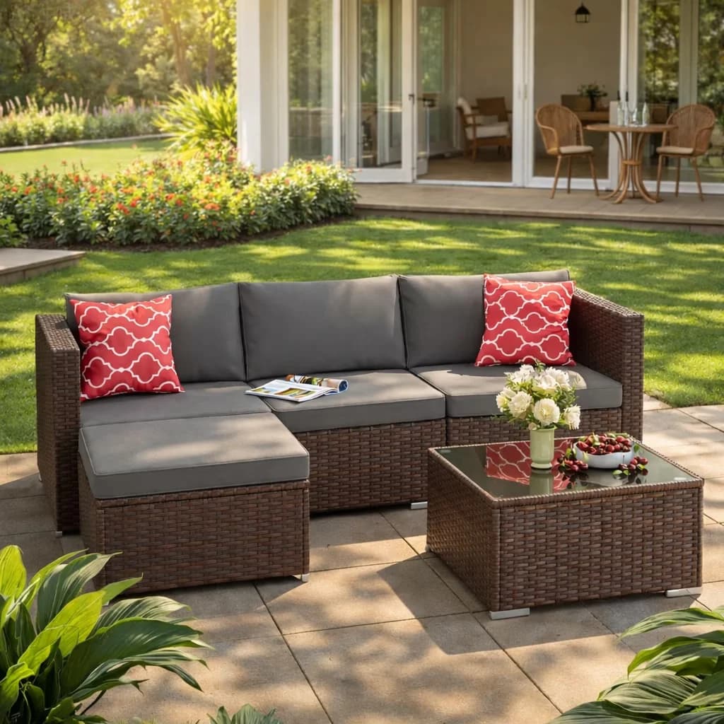 Classic Patio Conversation Set with Foldable, 5 Piece PE Rattan Outdoor Sectional Sofa, Modern Style for Outdoor Living - Wicker Model ECD724