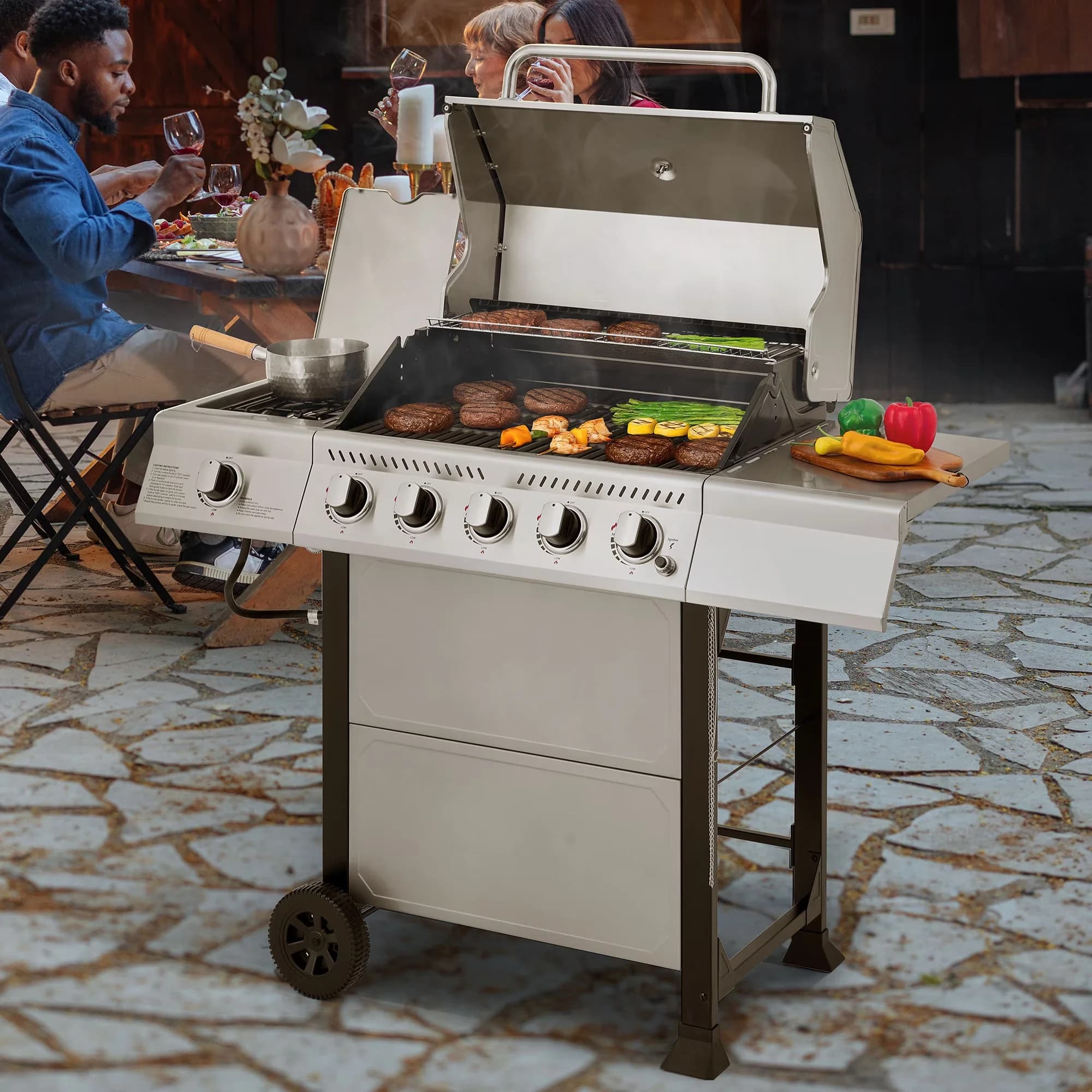 Essential Gas Grill with 60000 BTU, Warming Rack, Side Burner - Stainless Steel Model 8939D2