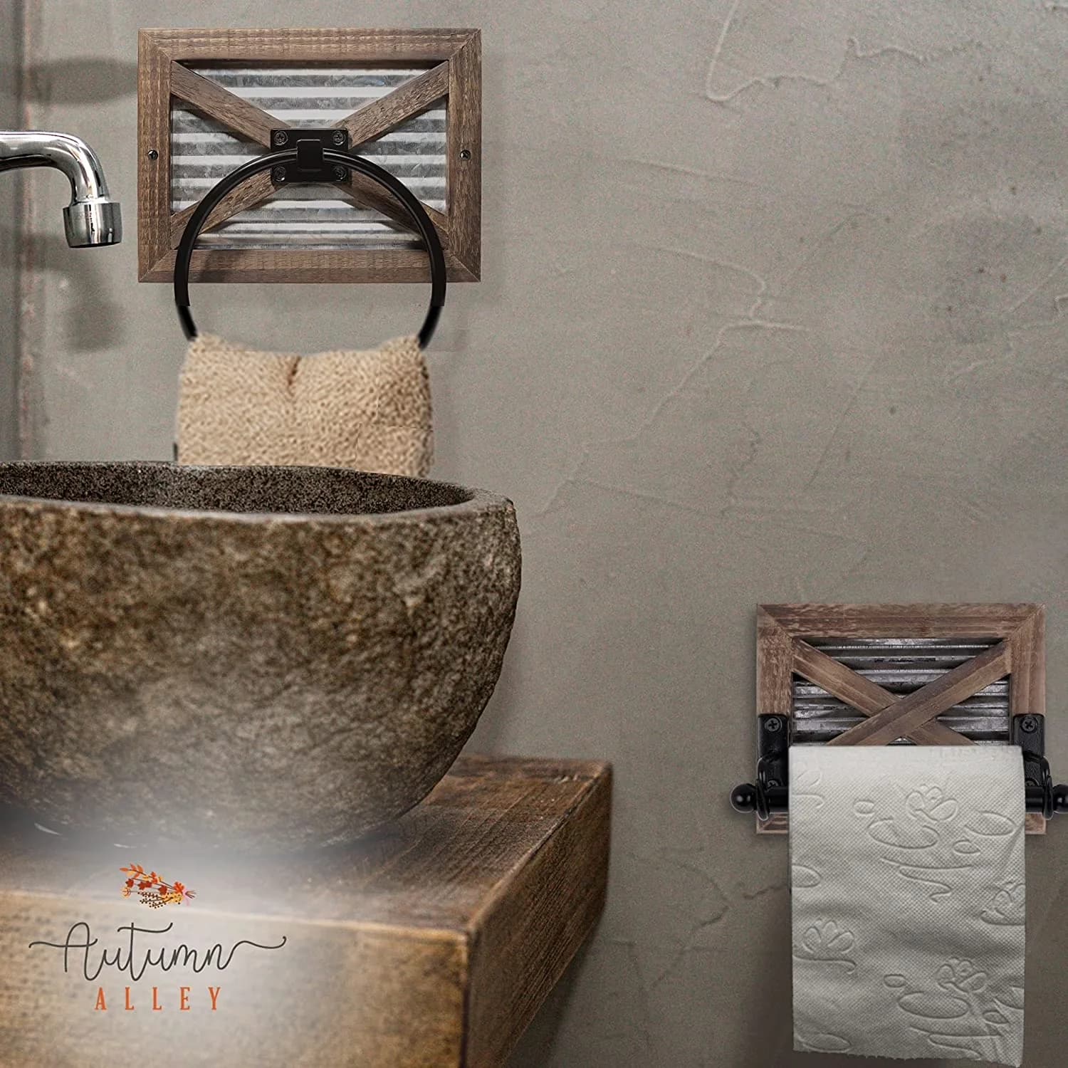 Classic Bathroom Renovation with Farmhouse, Galvanized Metal, TP Holder - Silver Wood; Metal Model D5010D