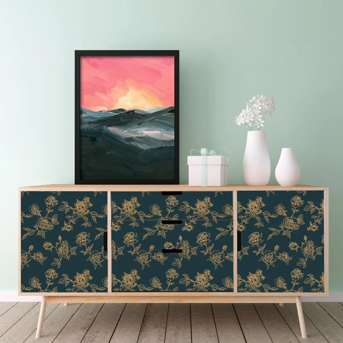 Durable Wallpaper Wall Decals Wall Covering with Removable, Blue Gold Flower-1, Peel & Stick 17"×120" - Vinly 17"×120" Model 2EAE17