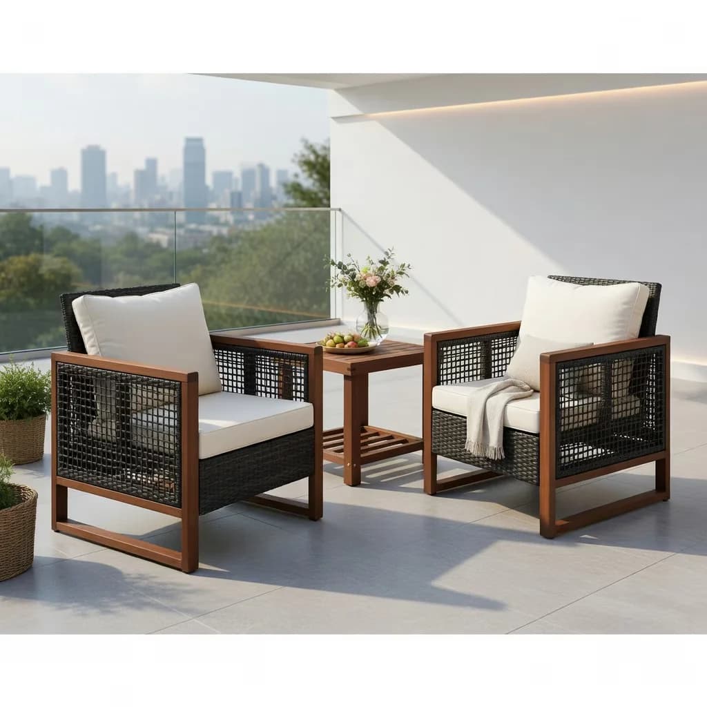 Premium Patio Conversation Set with Storage - Beige Rattan, Acacia Wood, Polyester Fabric, Sponge Model 4B4091