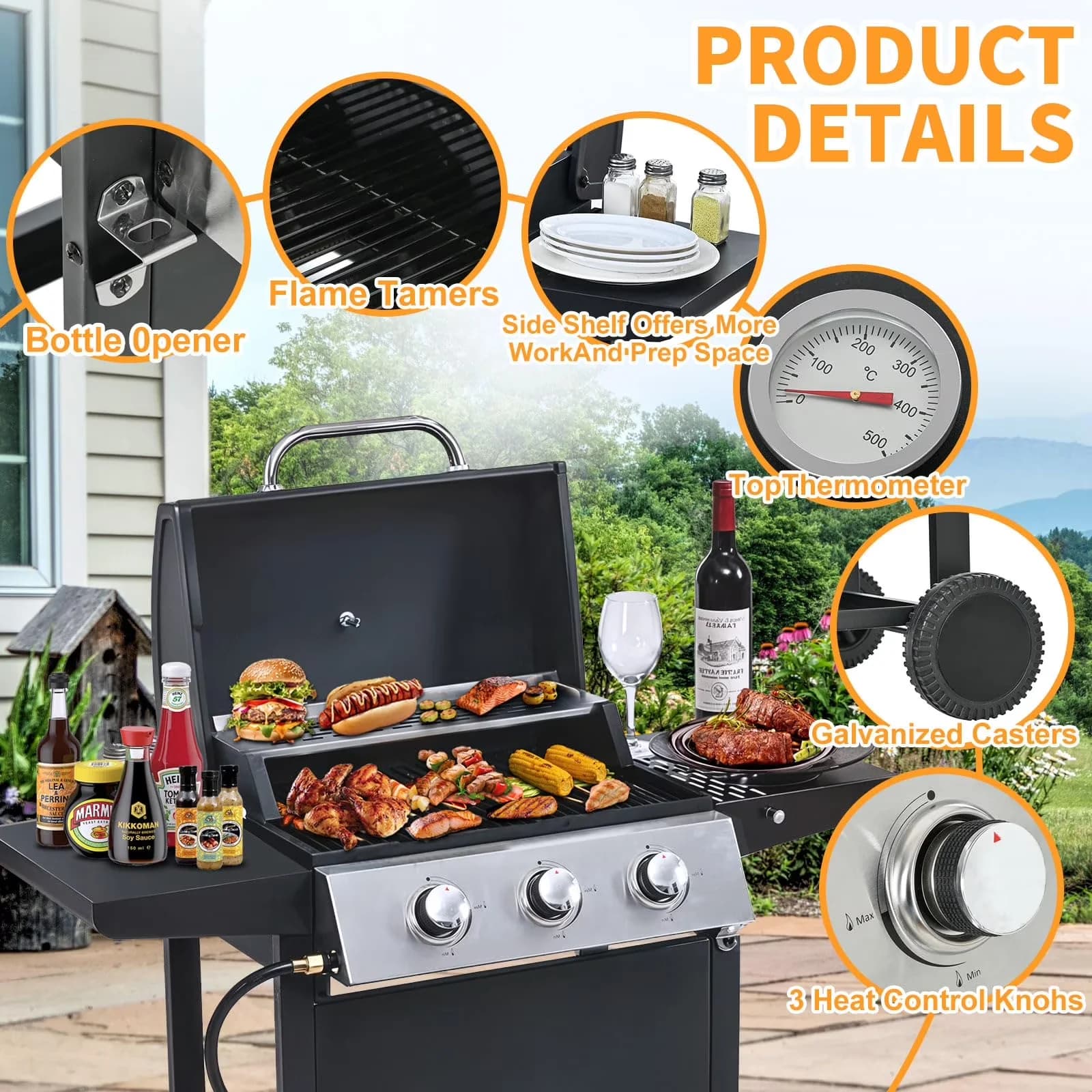 Essential Gas Grill with 25650 BTU, Rust Resistant, Heat Thermometer - Silver Stainless Steel for Camping Model 1EF2CF