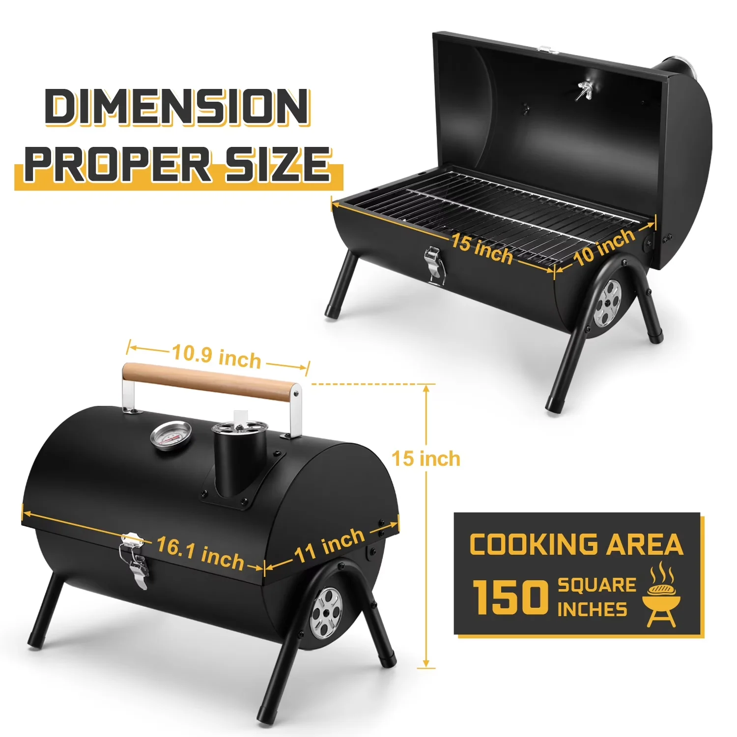 Charcoal Grill Stylish with Locking Lid, Removable Ash Catcher, Heat Thermometer - Iron Steel Model 07861B