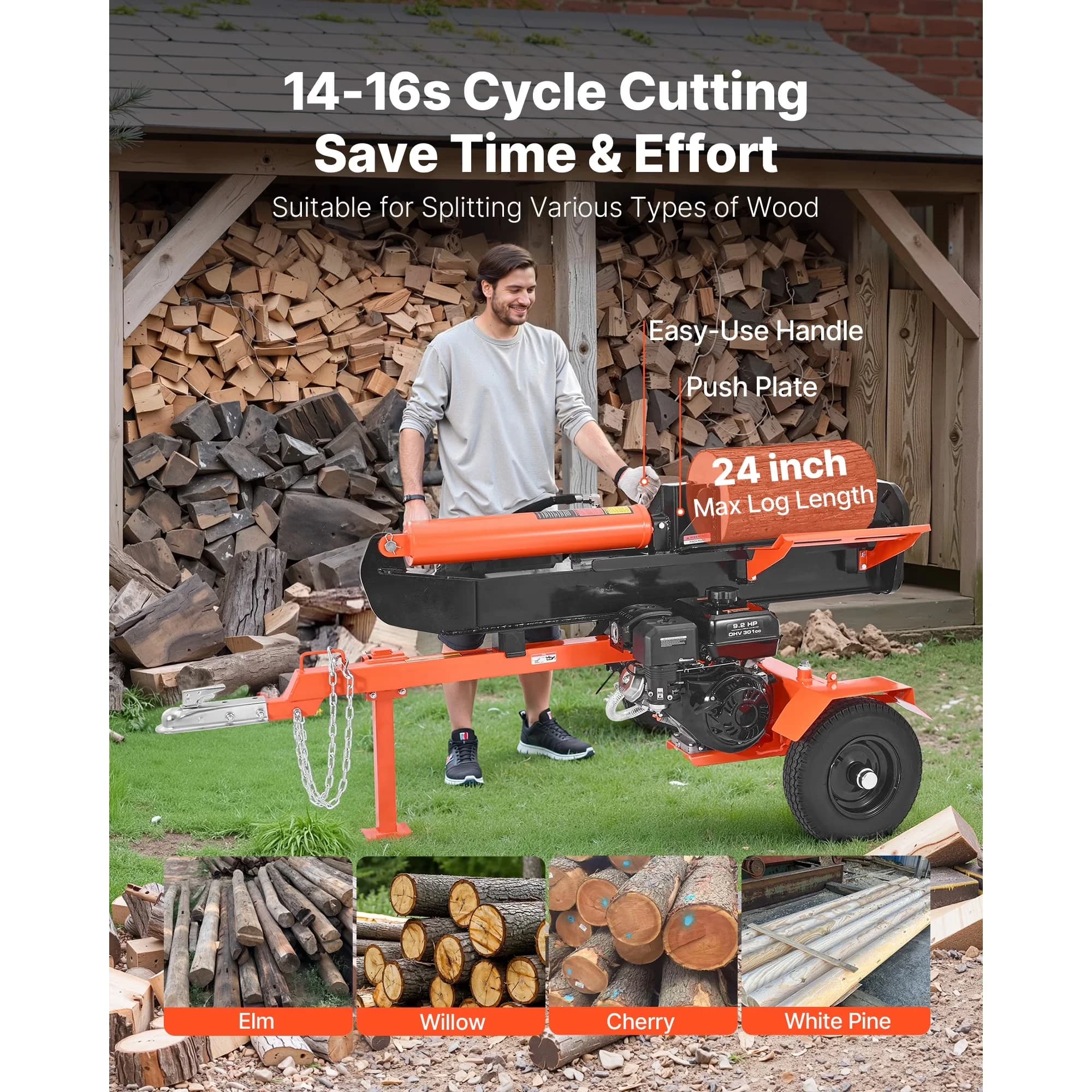 Logsplitter Modern with Wheeled, 2" Ball Coupler, 30-Ton Gas Log Splitter - Orange+Black Model D55E73