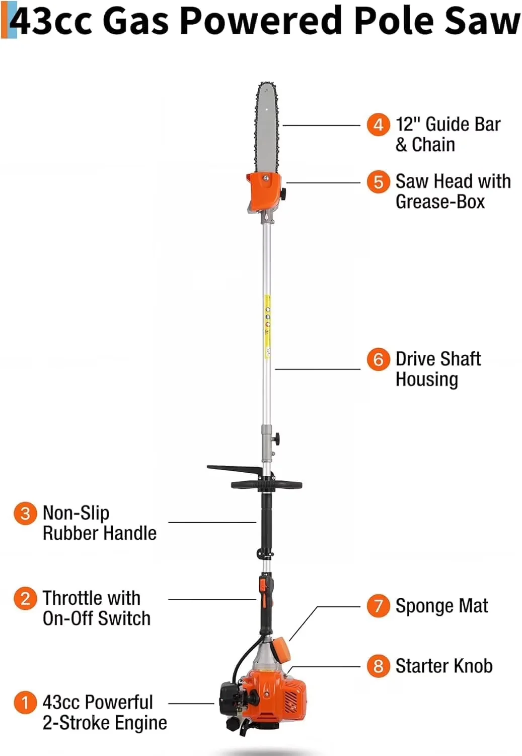 Quality Pole Saw with Anti-Vibration, Automatic Chain Oiler, Blade Material: Carbon Steel - Orange Model B83854