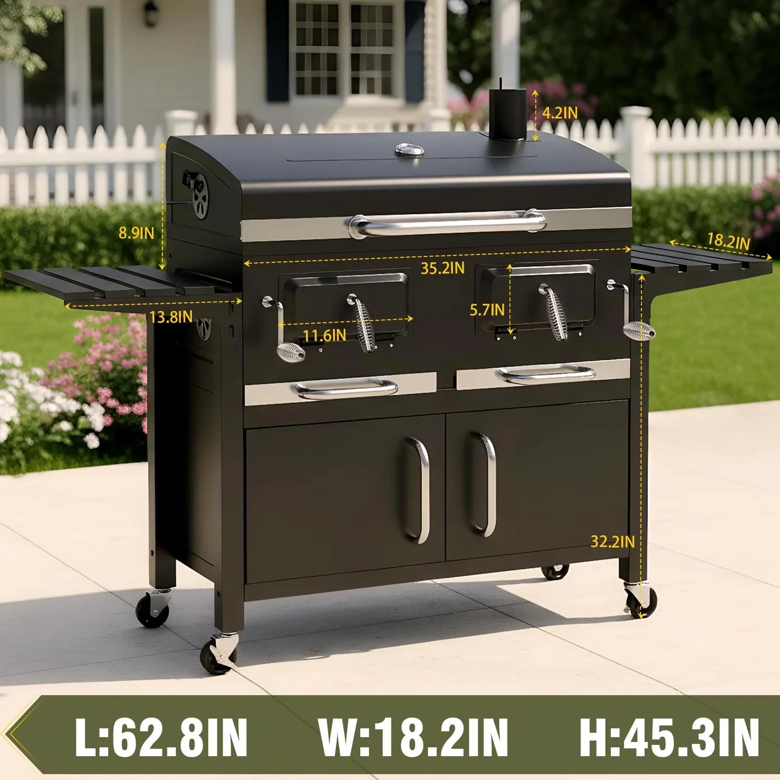 Versatile Charcoal Grill with Portable, Oversized Cooking Space, 4 Wheels & Side Tables - Black Iron Model 1D85CA