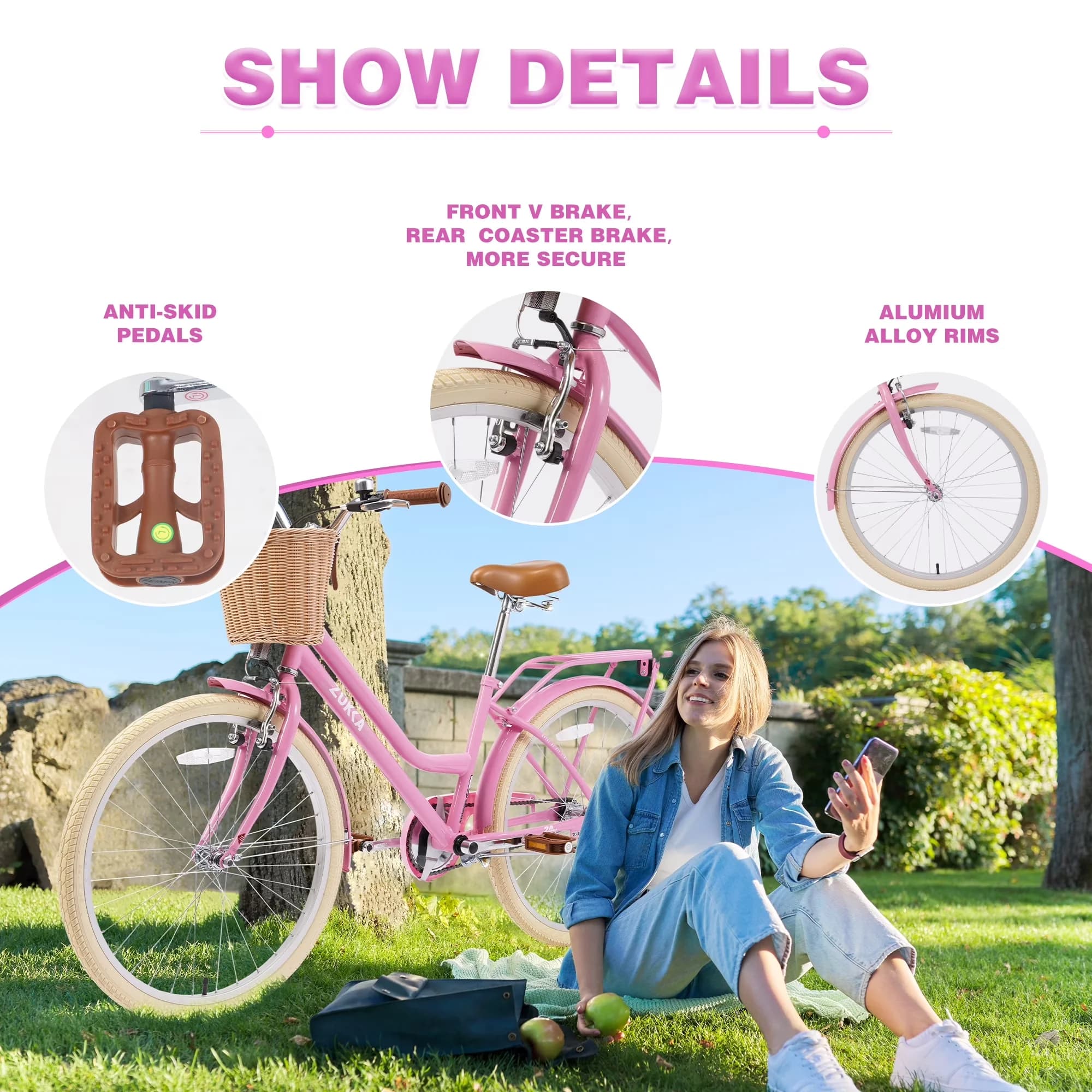 Efficient Cruiser Bike with Adjustable Seat, Steel Frame, Multiple Colors - Pink Model 7355AA