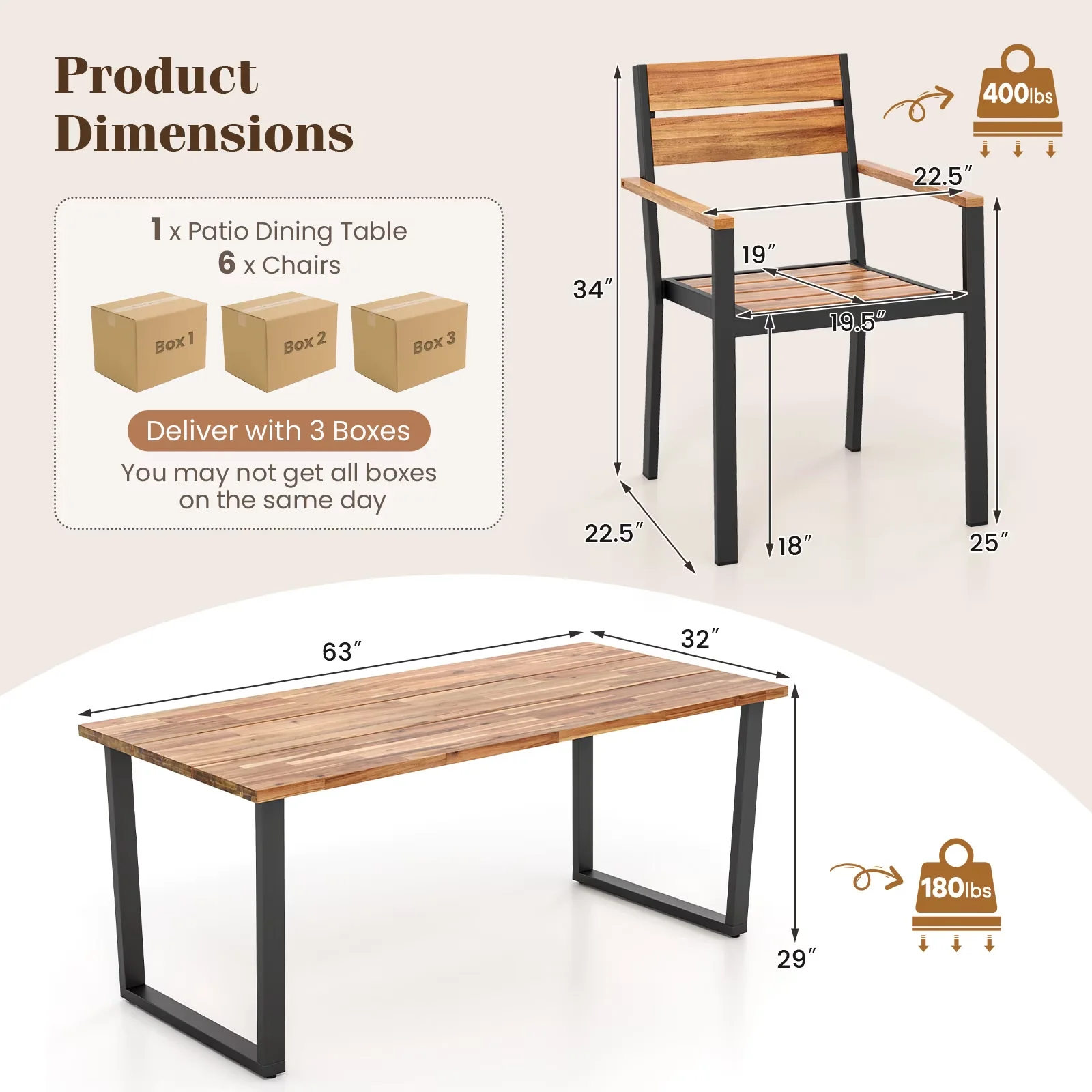 Premium Patio Dining Set with Each seat can load up to 400 lbs - Black Wood Model 2C603E