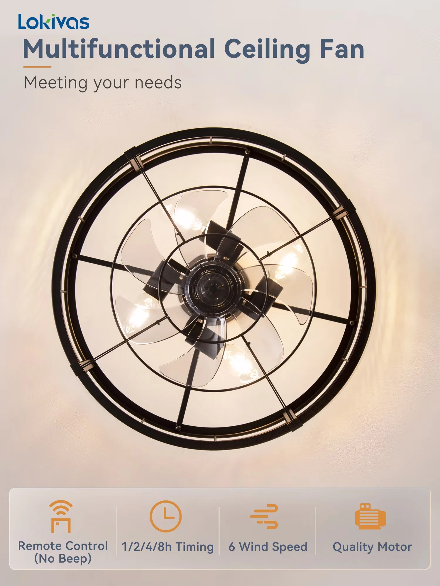 Classic Ceiling Fan with LED, Farmhouse, 6-Speed & Timer - Metal Black for Kitchen, Bedroom Model 2B34B7