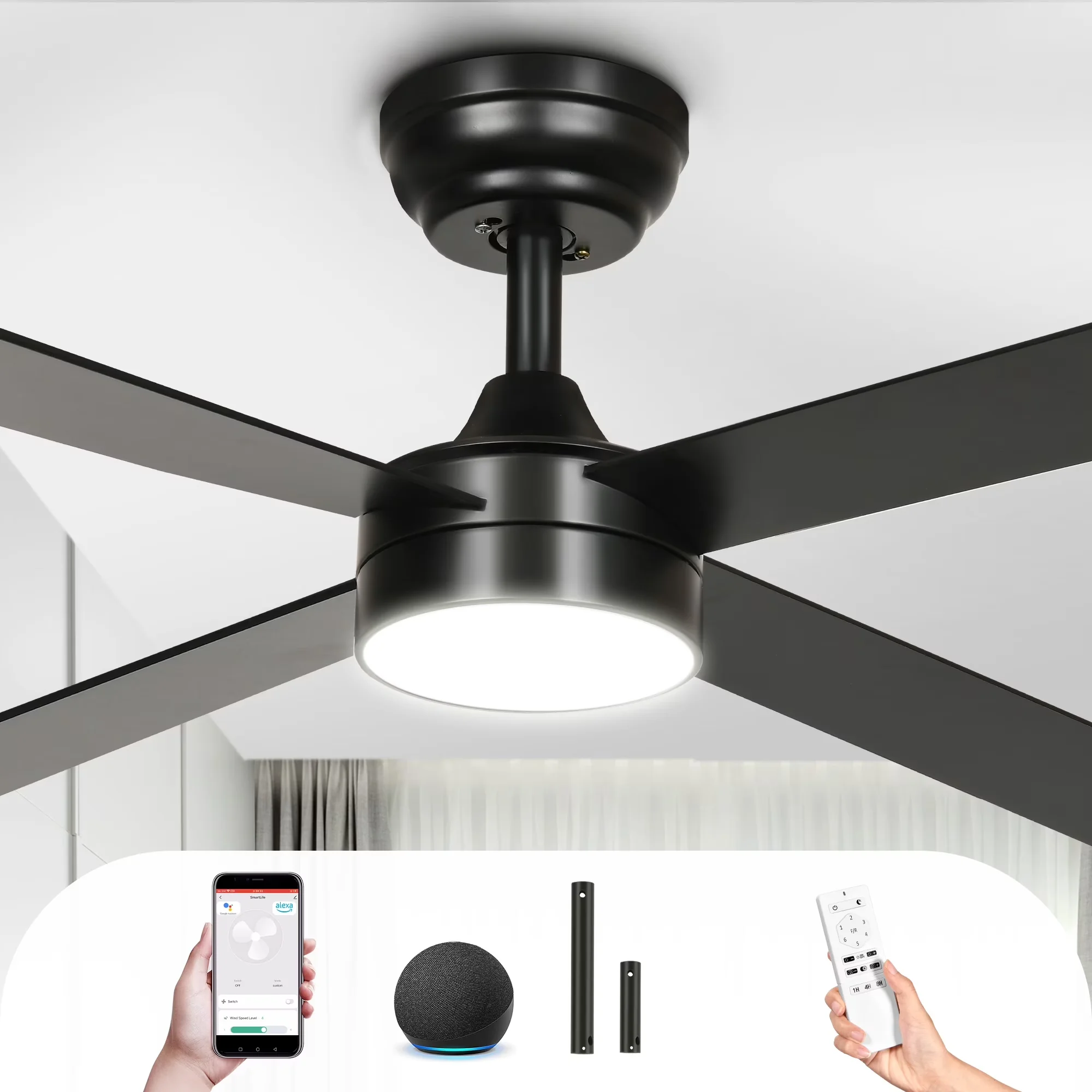 Quality Ceiling Fan with LED, Modern, Remote Control - Black for Multiple Applications Model 44D1DE