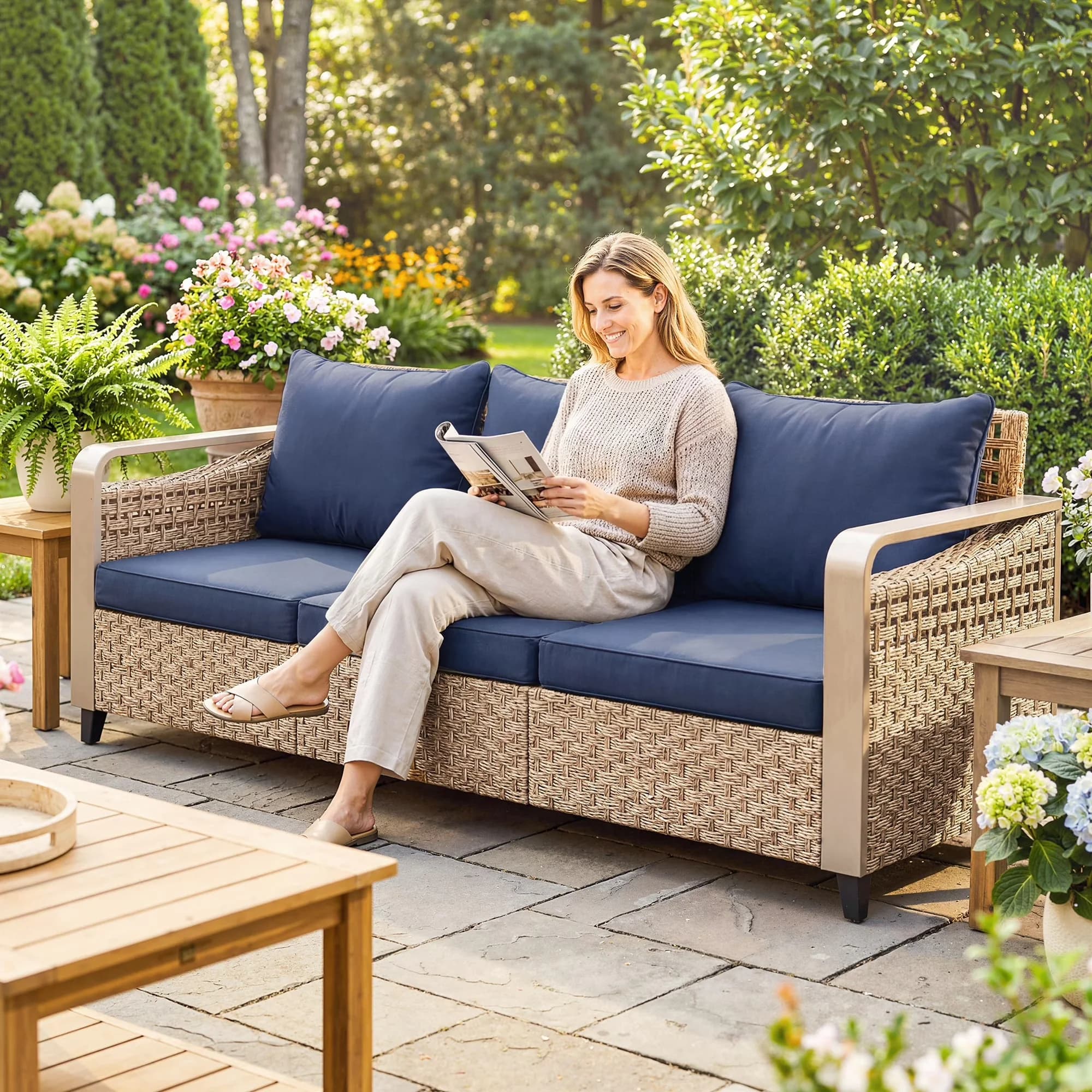 Stylish Outdoor Sofas Sectional with Contemporary, Seat Height: (without Cushion) 13" - Pe, Metal Blue for Garden Model 20FE9F