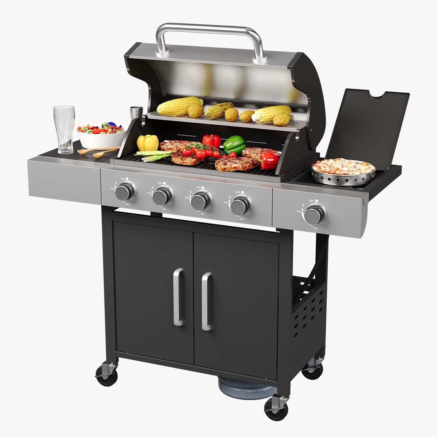 Durable Gas Grill with Portable, Patio Garden BBQ Perfect, and Thermometer - Stainless Steel Black Model A66979