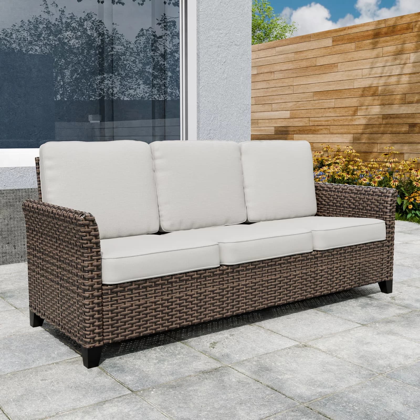 Premium Outdoor Sofas Sectional with Weather-Resistant, Beige Cushions, Curved Armrest - Metal; Wicker Brown Model E88404