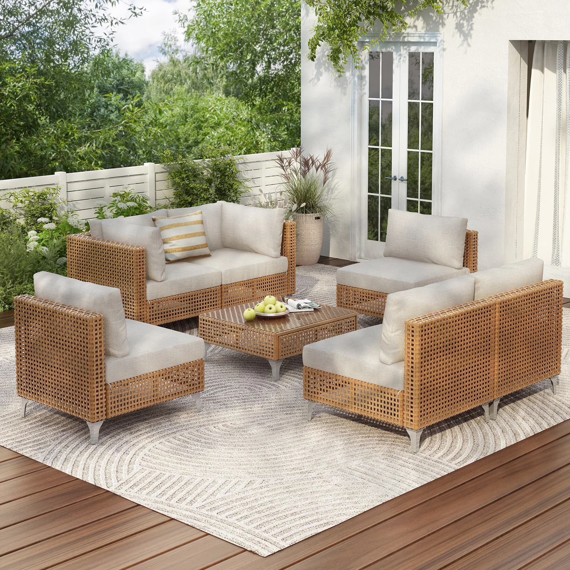 Premium Patio Conversation Set with Storage, Beige Thick Cushions, 7pcs Luxury Furniture - Pe Rattan+Steel+Polyester... Model 52A52D