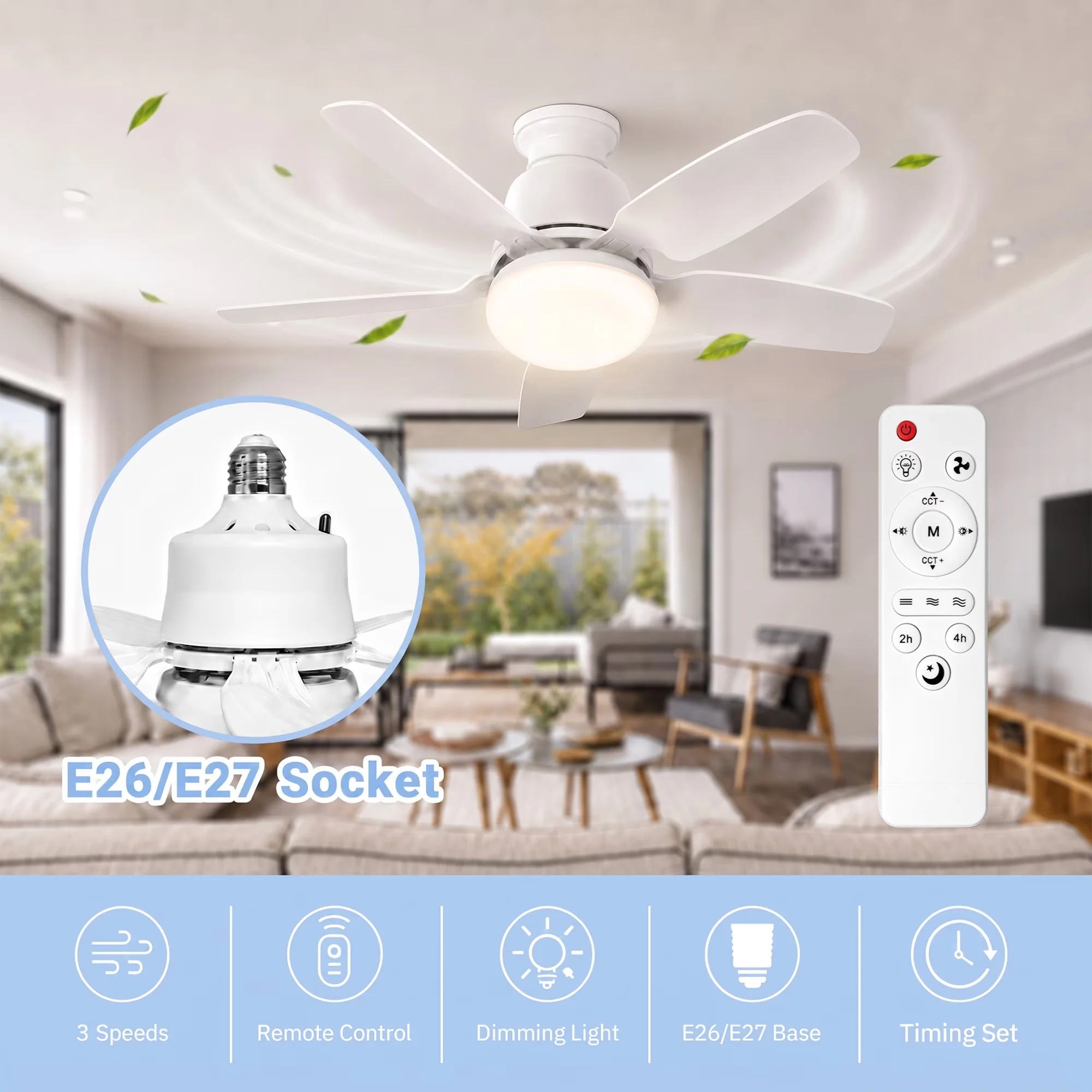 Innovative Ceiling Fan with Lights and Remote, 1000 Lumens Dimmable 5 Blades Screw in, 16.5in Fans for Living Room, Bedroom - Model FA0AAE