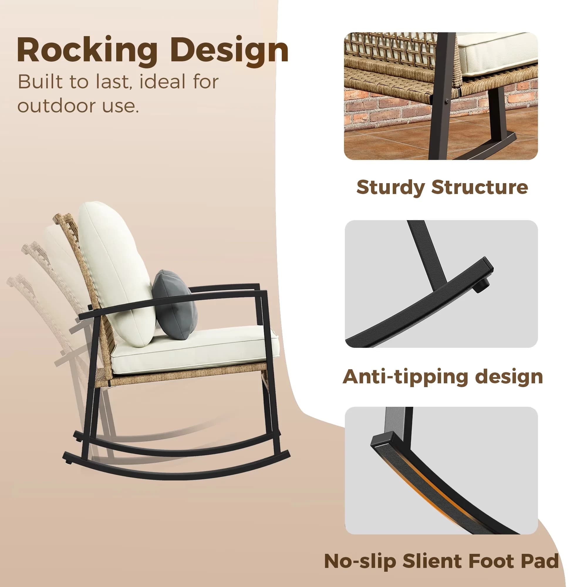 Reliable Patio Conversation Set with Reclining, Lumbar Pillows and Coffee Table - Pe Rattan, Metal Brown Model D0C302