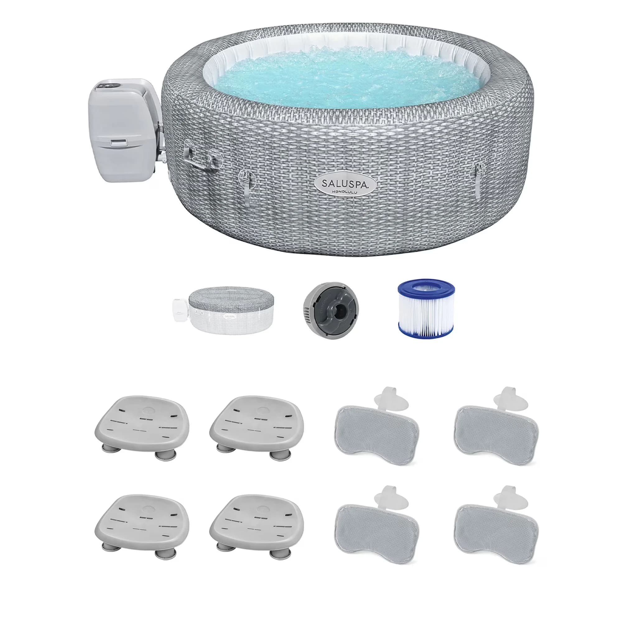 Modern Hot Tub with Energy Efficient, Inflatable, 4 SaluSpa Seat & 4 Headrest Pillows - Gray Model ED0436