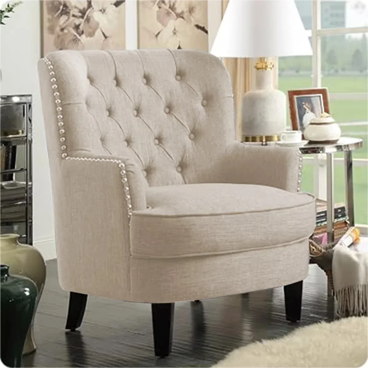 Patio Chair Premium with Tufted, Nailhead Trim, Velvet Upholstered Club 34.5”H - Wood Beige Model D03380