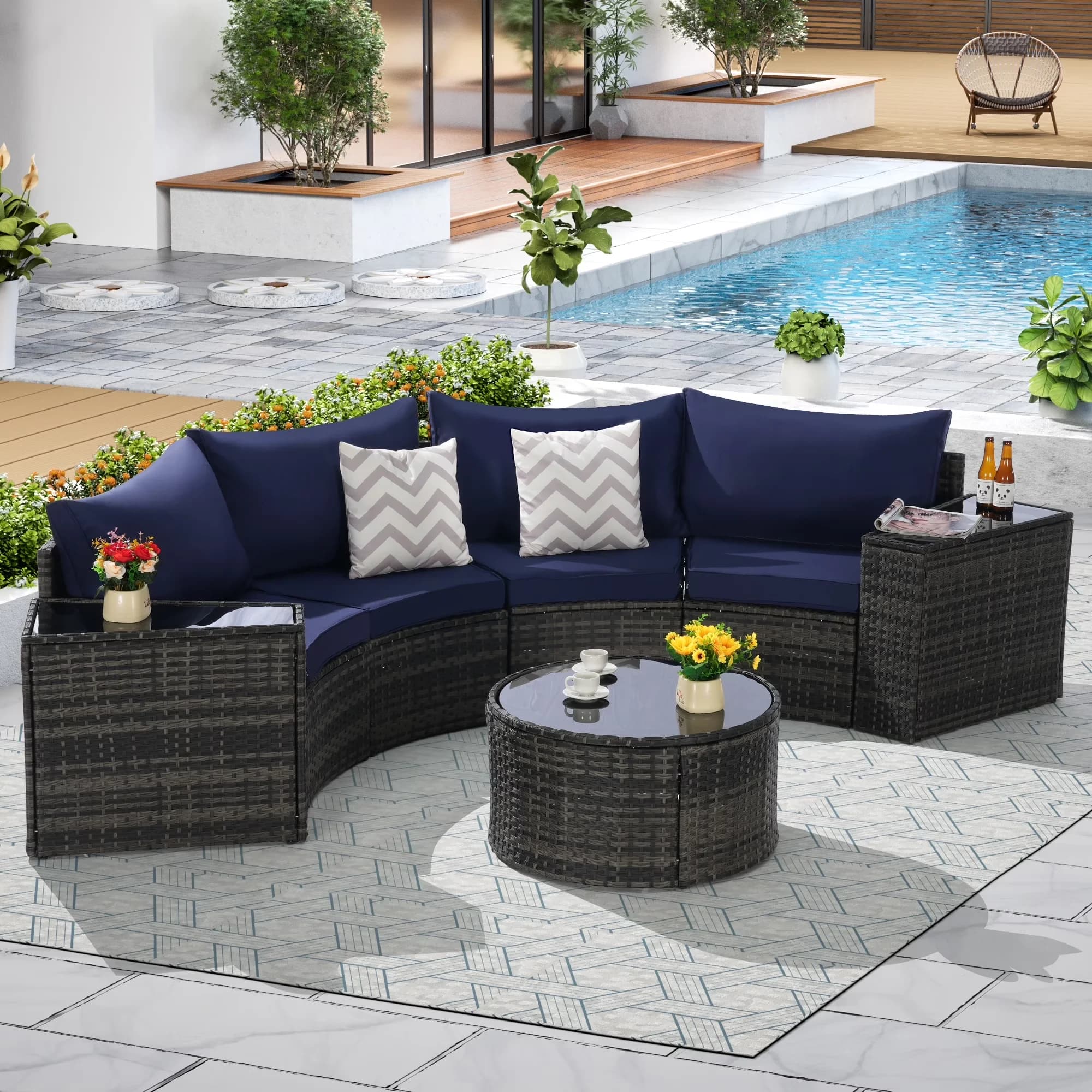 Patio Conversation Set Premium with All-Weather Wicker, Rattan Outdoor Curved Couch - Blue Rattan, Metal, Polyester Model DBE2F9
