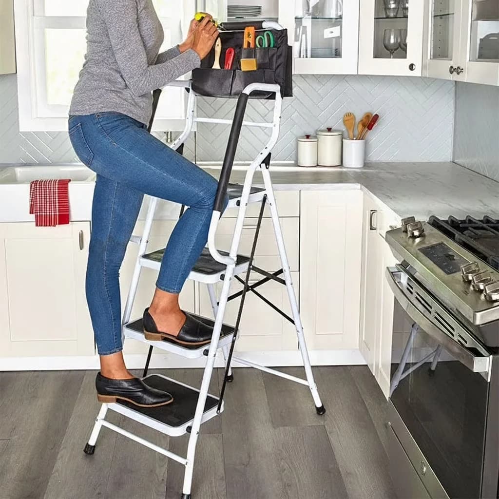 Classic Ladders And Step Stool with Compact Design, Tool Caddy Organizer - Steel Black Model 4FF362