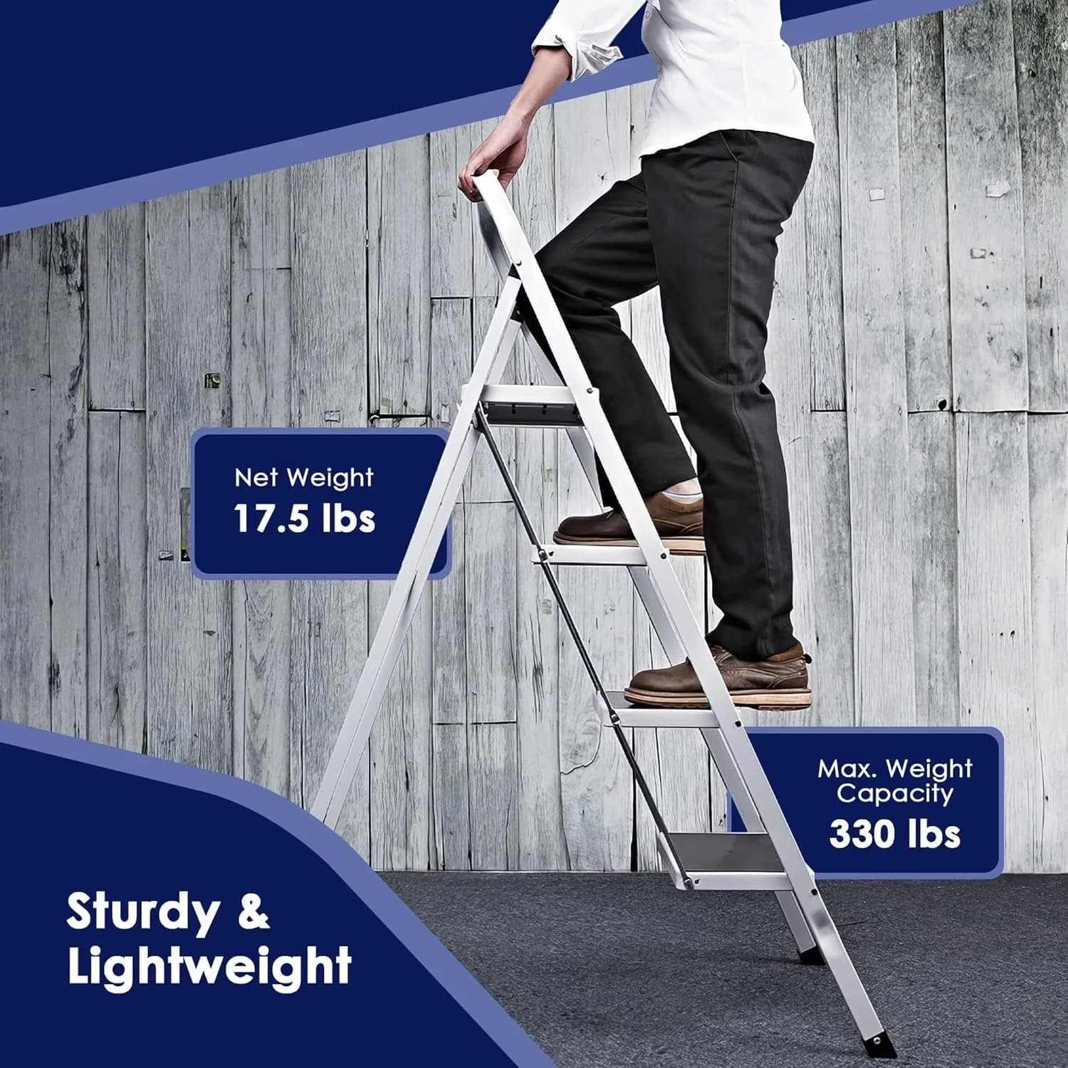 Building Material Professional with Extra Wide Anti-Slip Pedal, Handgrip, 4 Step Ladder - White Alloy Steel Model 13EB94