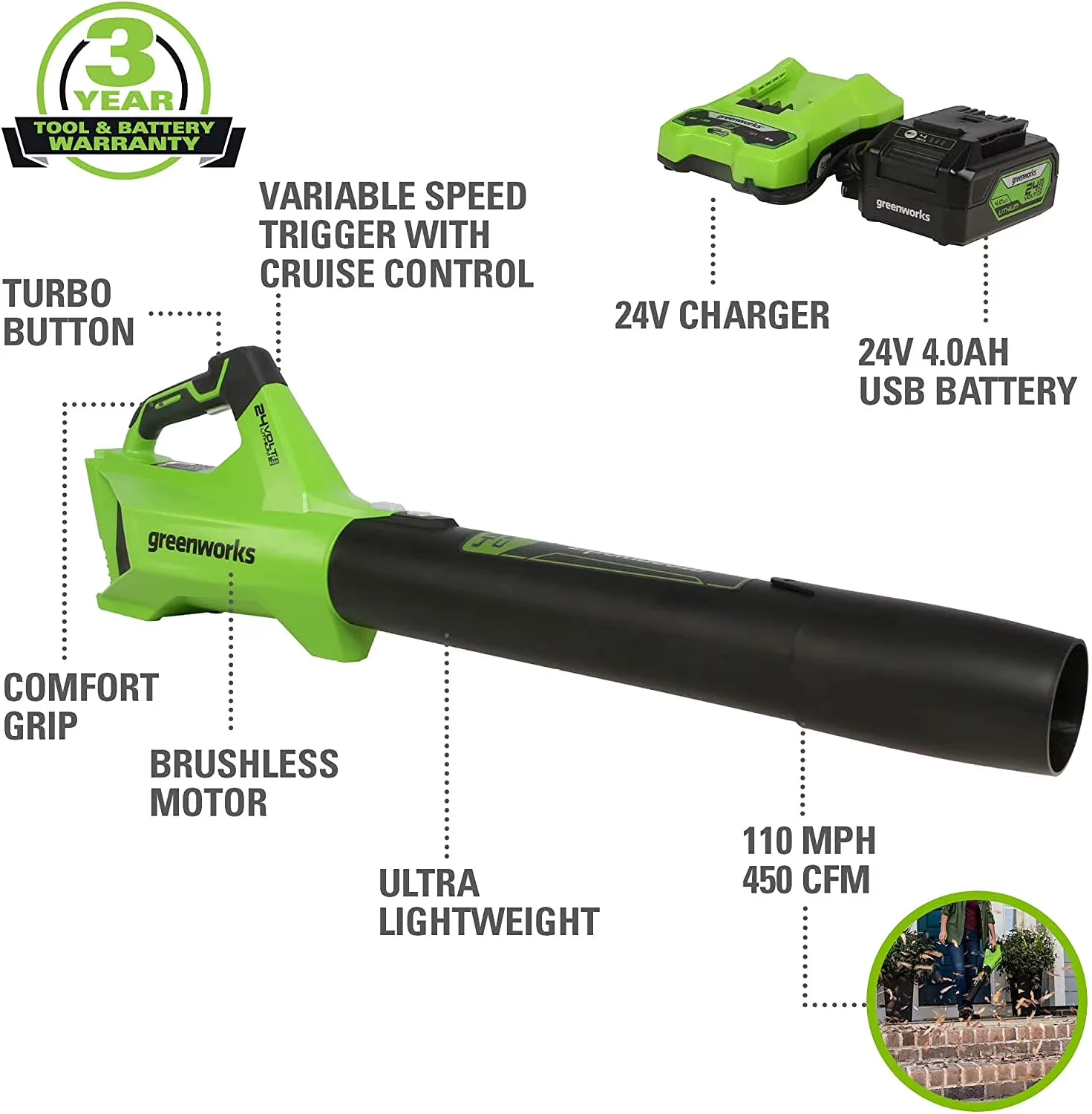 Quality Leaf Blower with Battery, 110 MPH max air speed, Runtime up to 30 minutes on low - Model 885A07