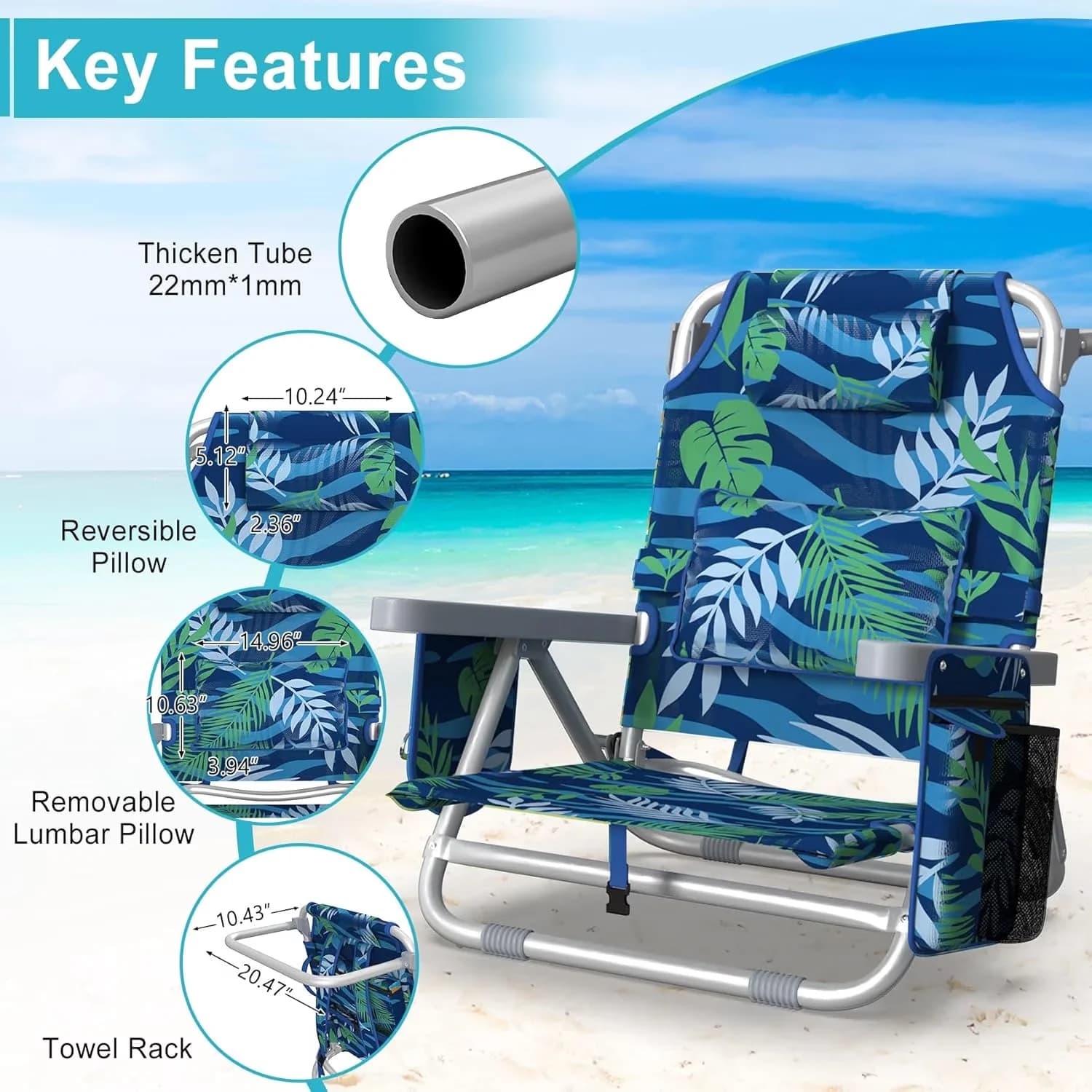 Beach Chair Sleek with Rust Resistant, Water-Resistant - Aluminum Coated Iron Pipe, 600D Oxford Waterproof Fabric for Camping, Travel Model 121560