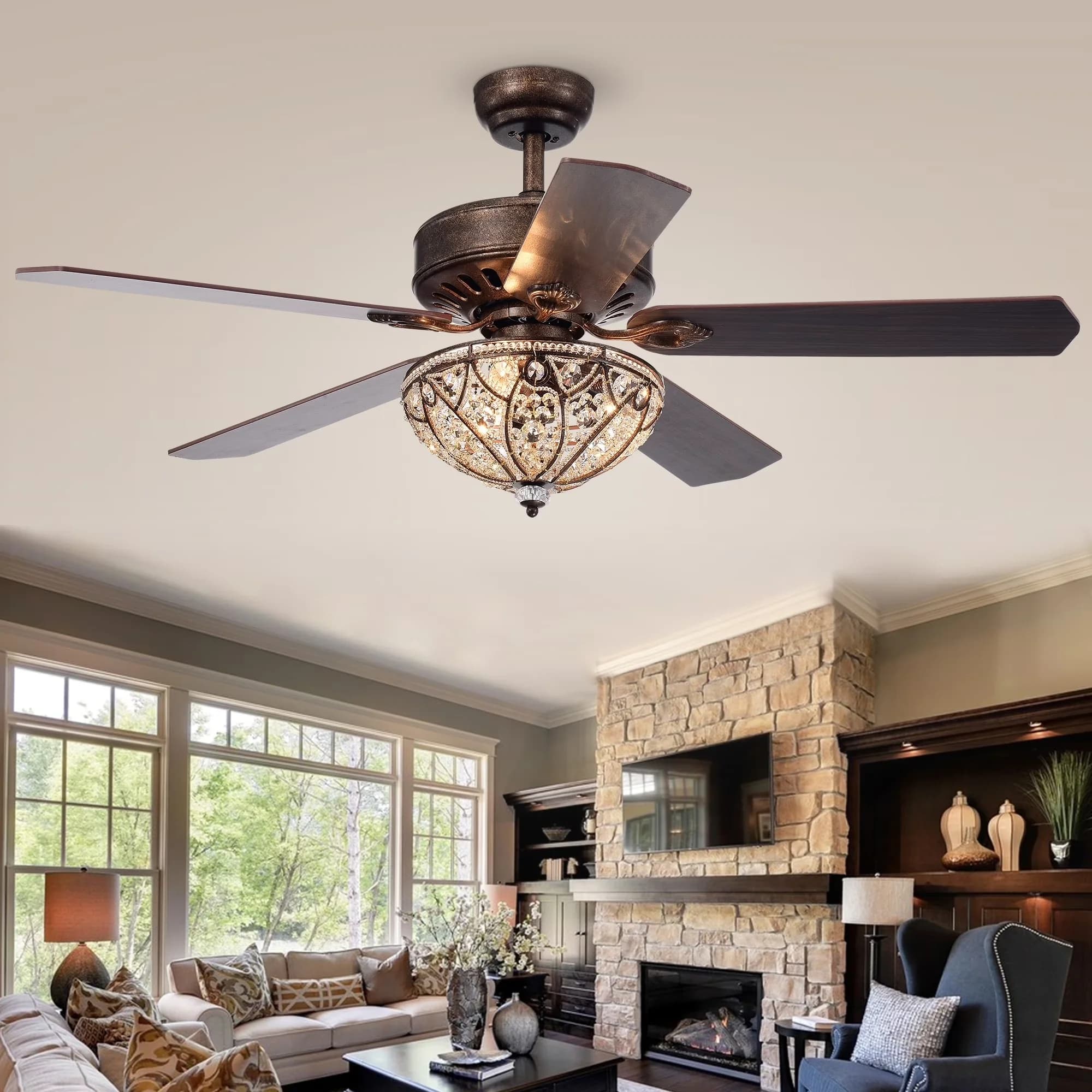 Modern Ceiling Fan with Incandescent, Rustic/Lodge, Crystal Bowl Shade (Remote Controlled) - Crystal Silver Model 897803