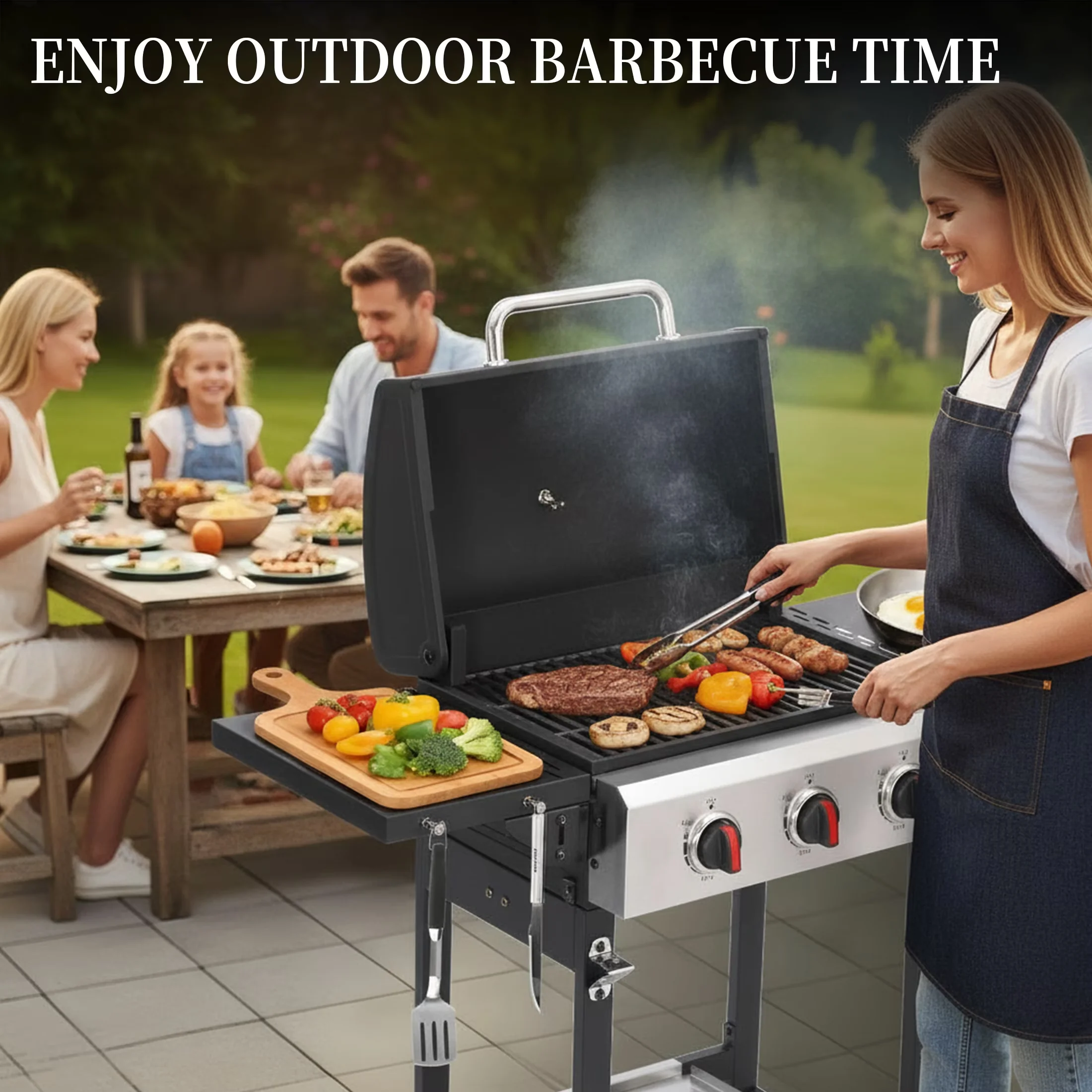 Innovative Gas Grill with Heat Thermometer, Tool Holder, Rust Resistant - Powder-Coated Steel, Stainless Steel, Porcelain-Enameled... Model EC7EC5