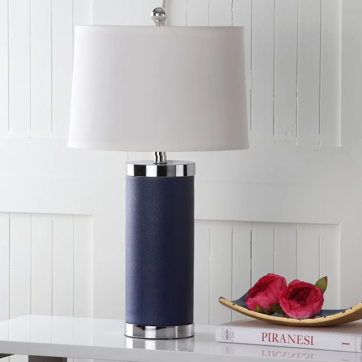 Premium Table Lamp with Transitional, Contemporary, Leather 25 in. H Retro Column - Blue Pu Leather Model E21FB2
