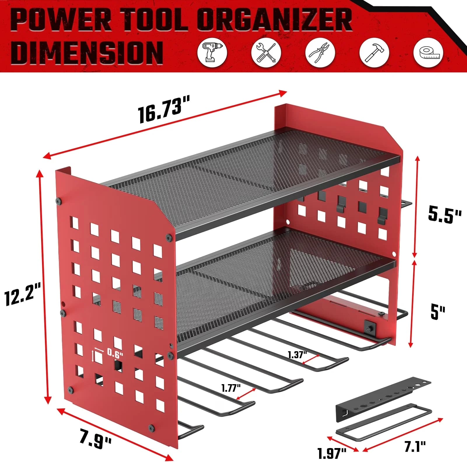 Modern Toolstorage with Storage, 3 Layers Drill Holder Wall Mount, Power Tool Organizer - Metal Red for Garage Model DE3F4E