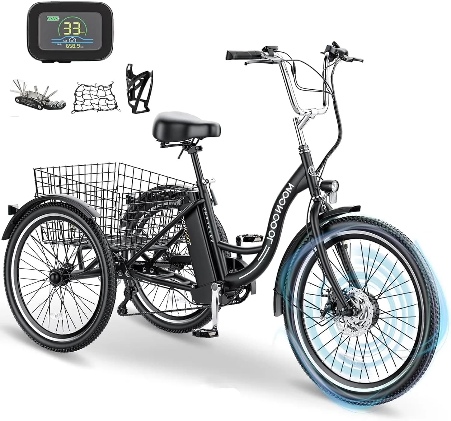 Electric Bike Stylish with Battery, Adjustable Seat, Motorized Three-Wheel Bikes - Black Model B0E9CA